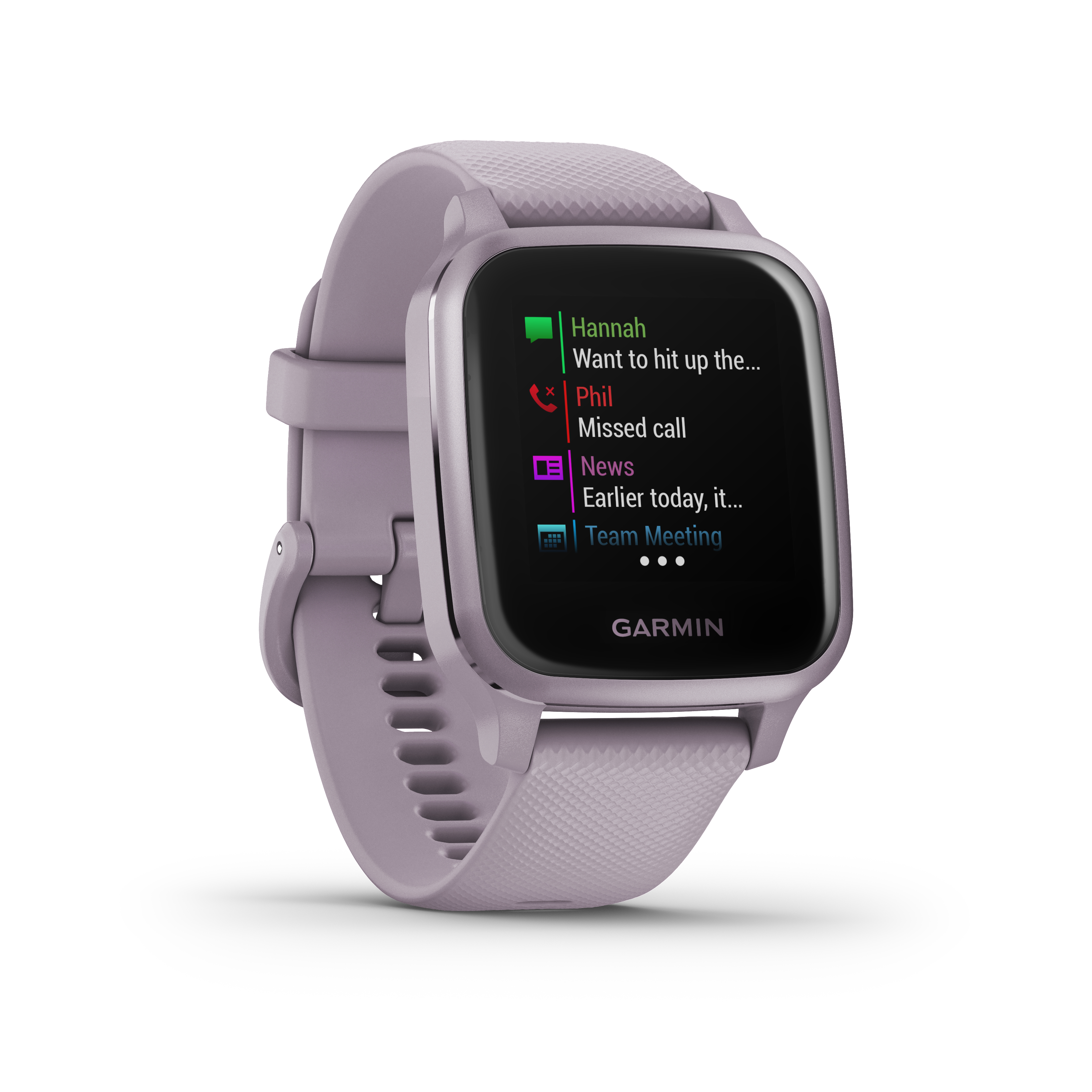 Eine Garmin Smartwatch an einem lila Armband, die Benachrichtigungen anzeigt.