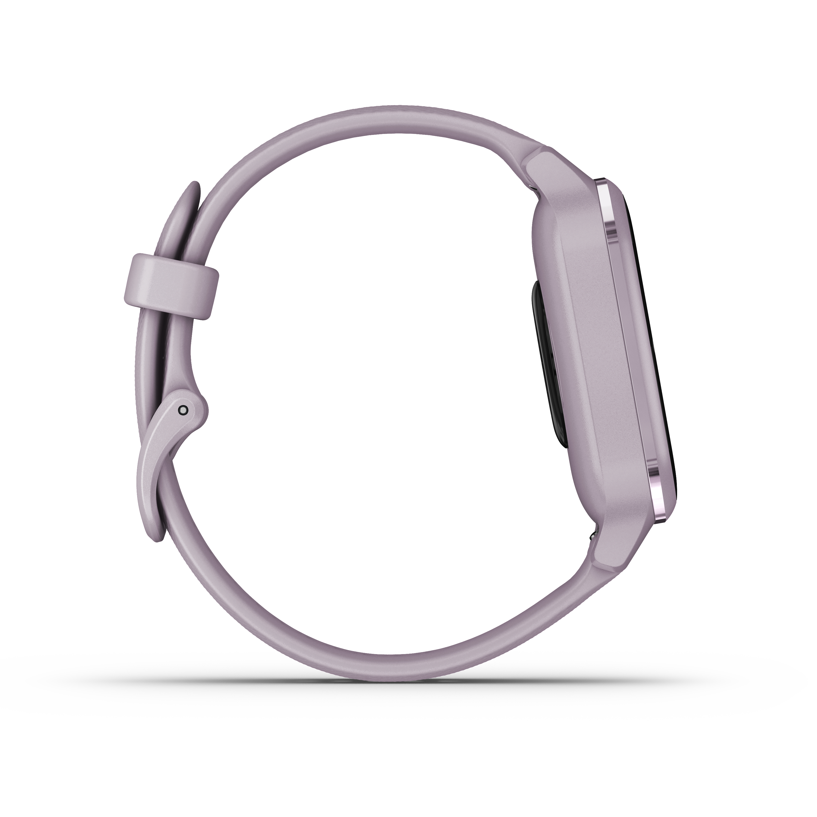 Eine Seitenansicht einer lilafarbenen Smartwatch mit gebogenem Armband. Sie hat einen Bildschirm und einen Knopf.