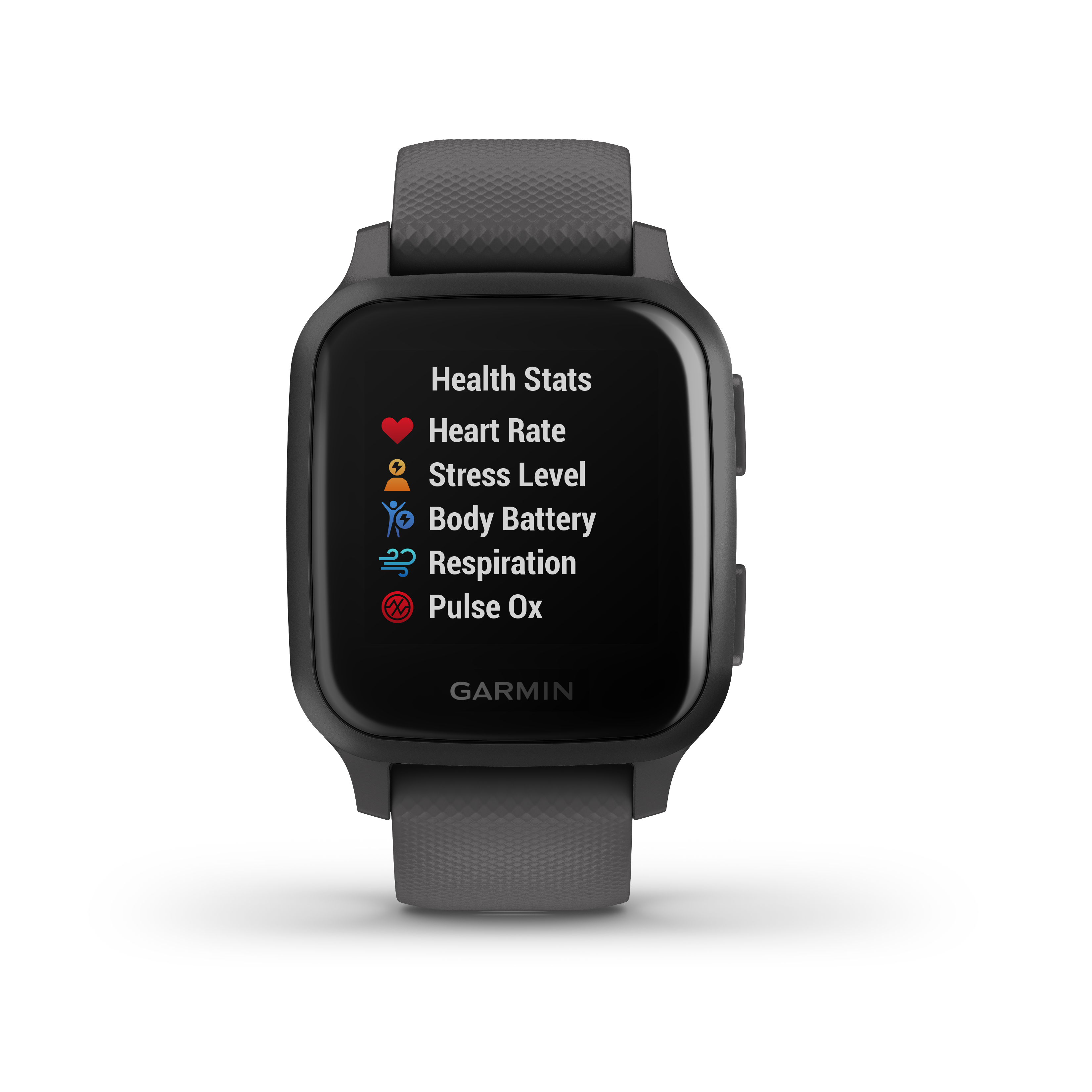 Eine schwarze Smartwatch mit Gesundheitsdaten: Herzfrequenz, Stresslevel, Batteriestatus, Atmung und Pulsoximetrie.