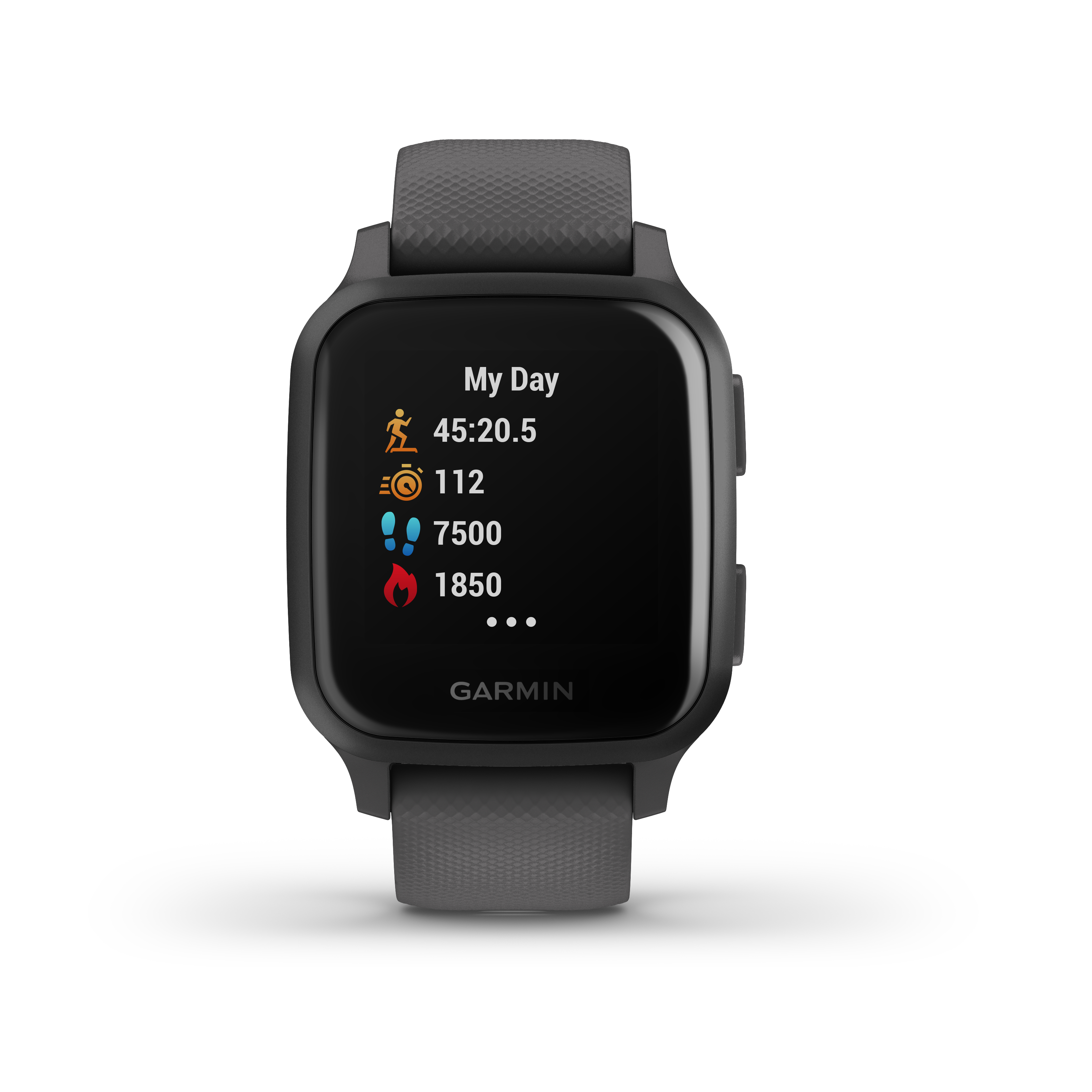 Schwarze Garmin Smartwatch, die Zeit, Schritte und andere Gesundheitsdaten anzeigt. Graues Armband.