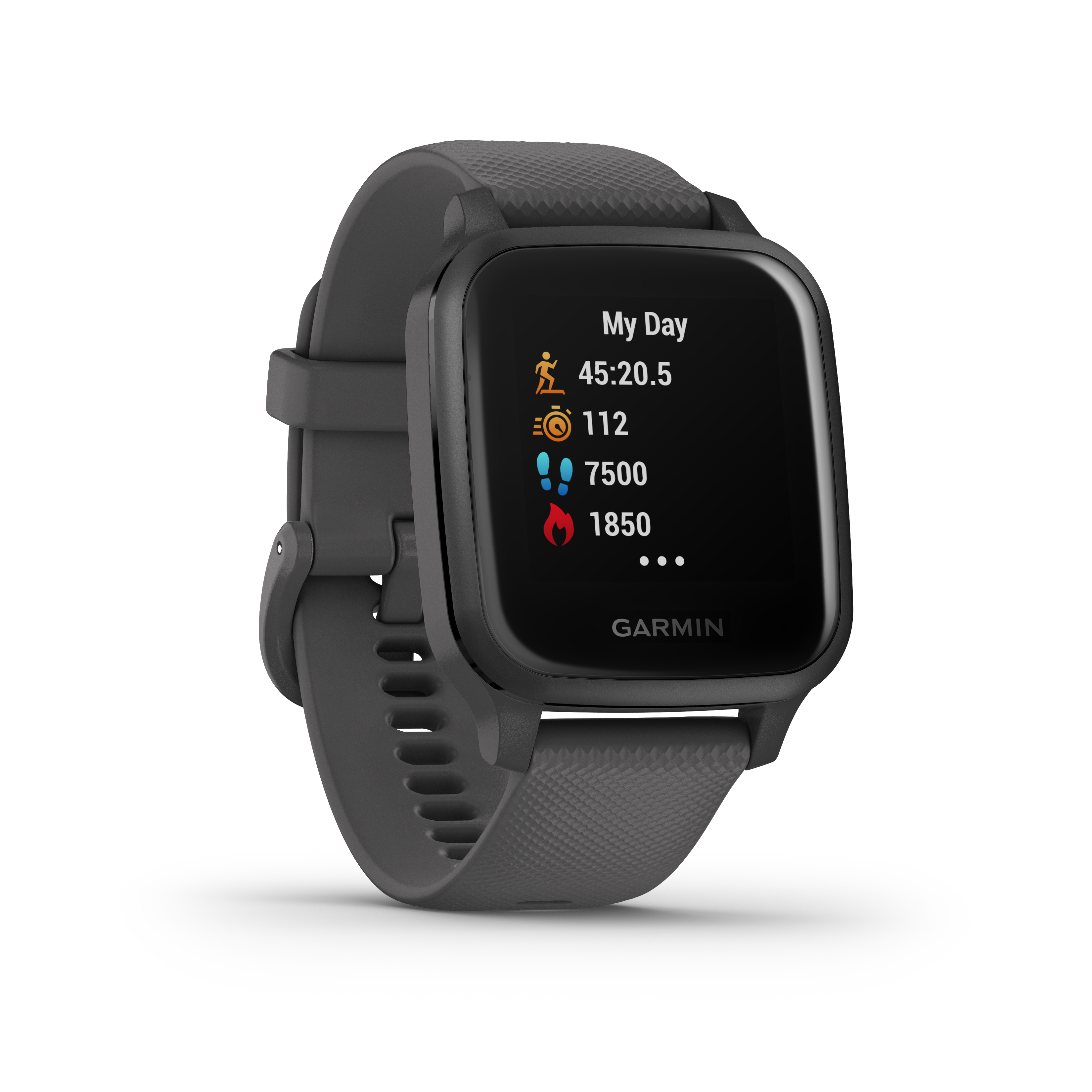 Schwarze Garmin Smartwatch mit Anzeige von Schritten, Zeit, Kalorien und Herzfrequenzdaten auf schwarzem Bildschirm.
