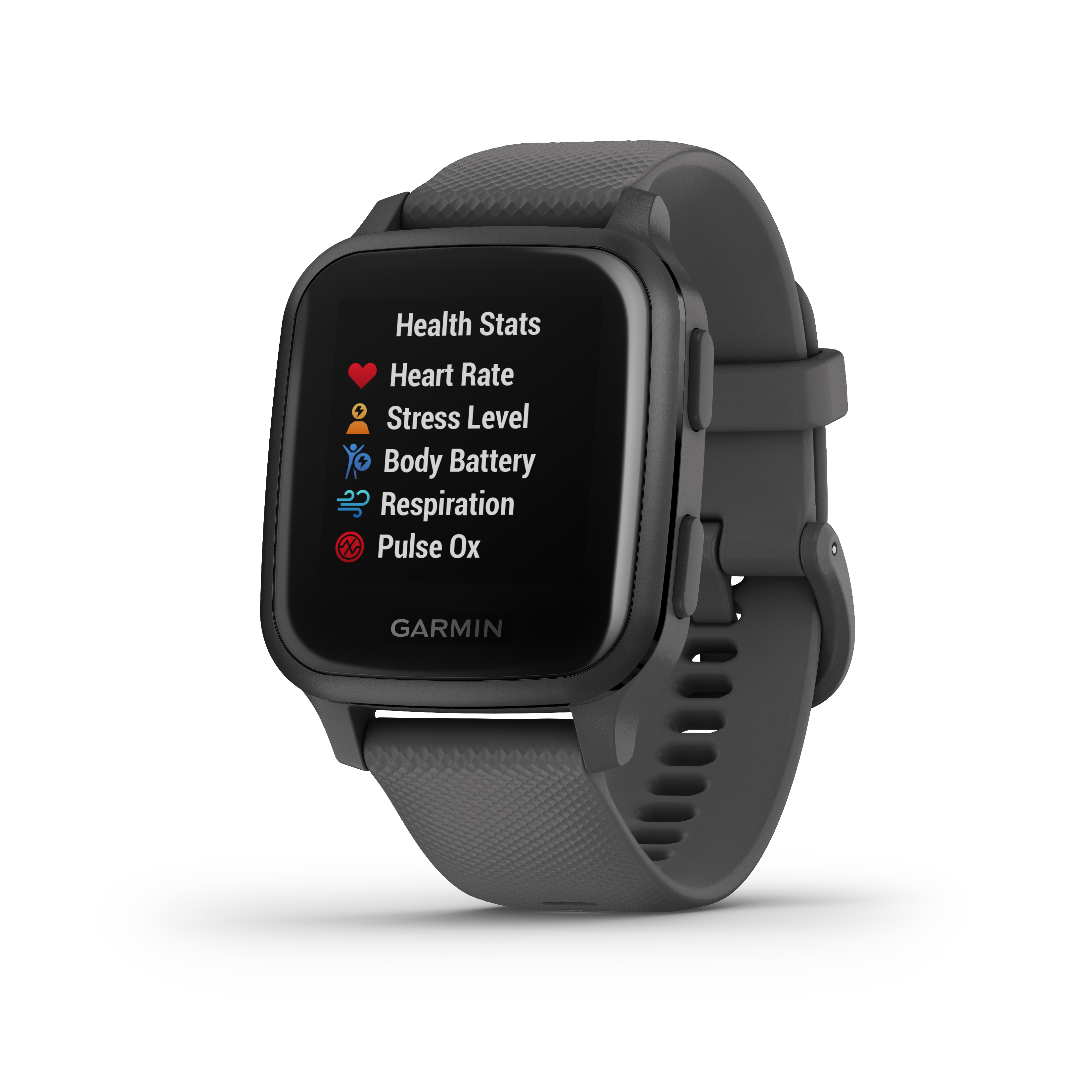 Garmin Smartwatch mit Gesundheitsdaten, schwarz mit grauem Armband.