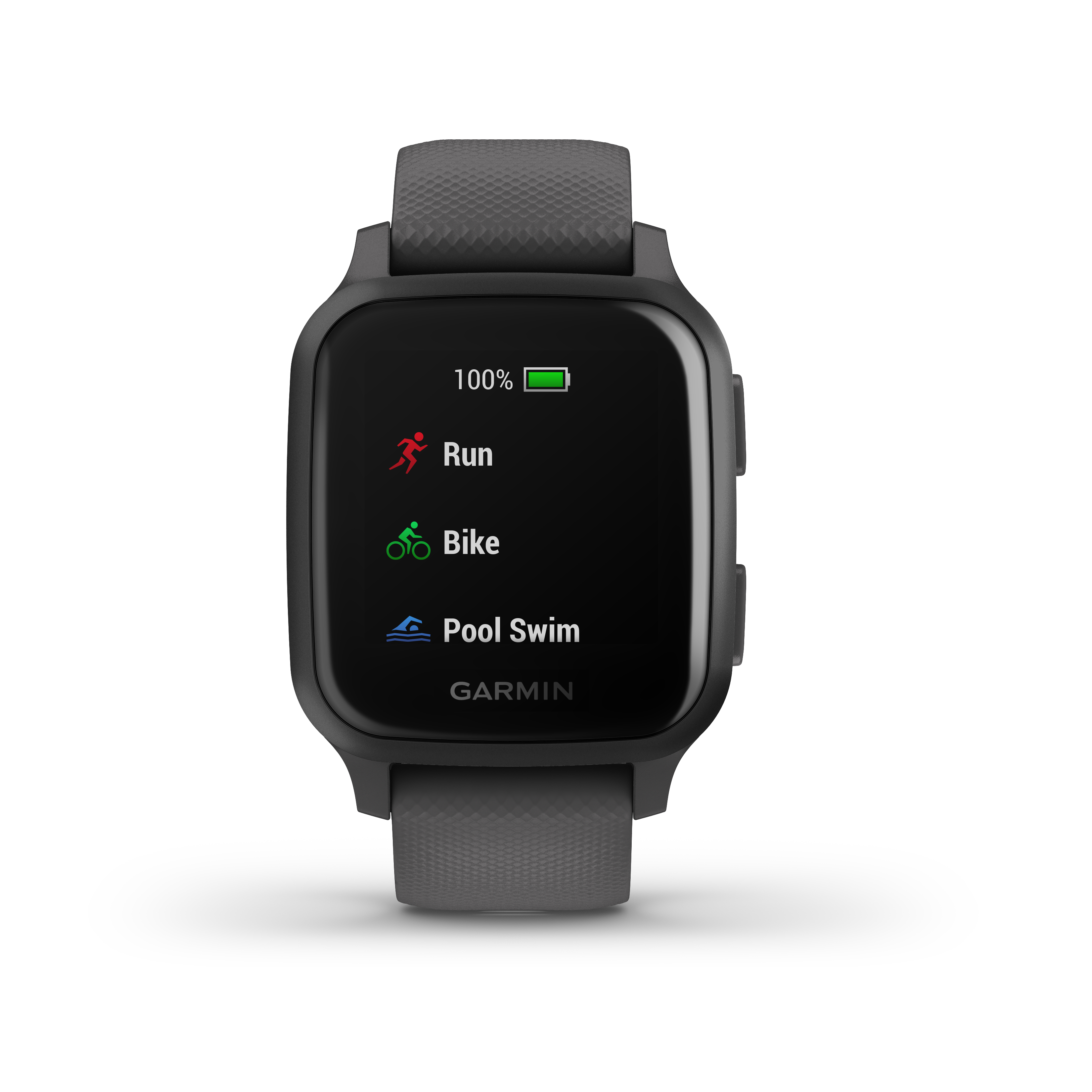 Garmin Smartwatch mit Optionen für Laufen, Radfahren und Schwimmen. Akku 100% geladen.