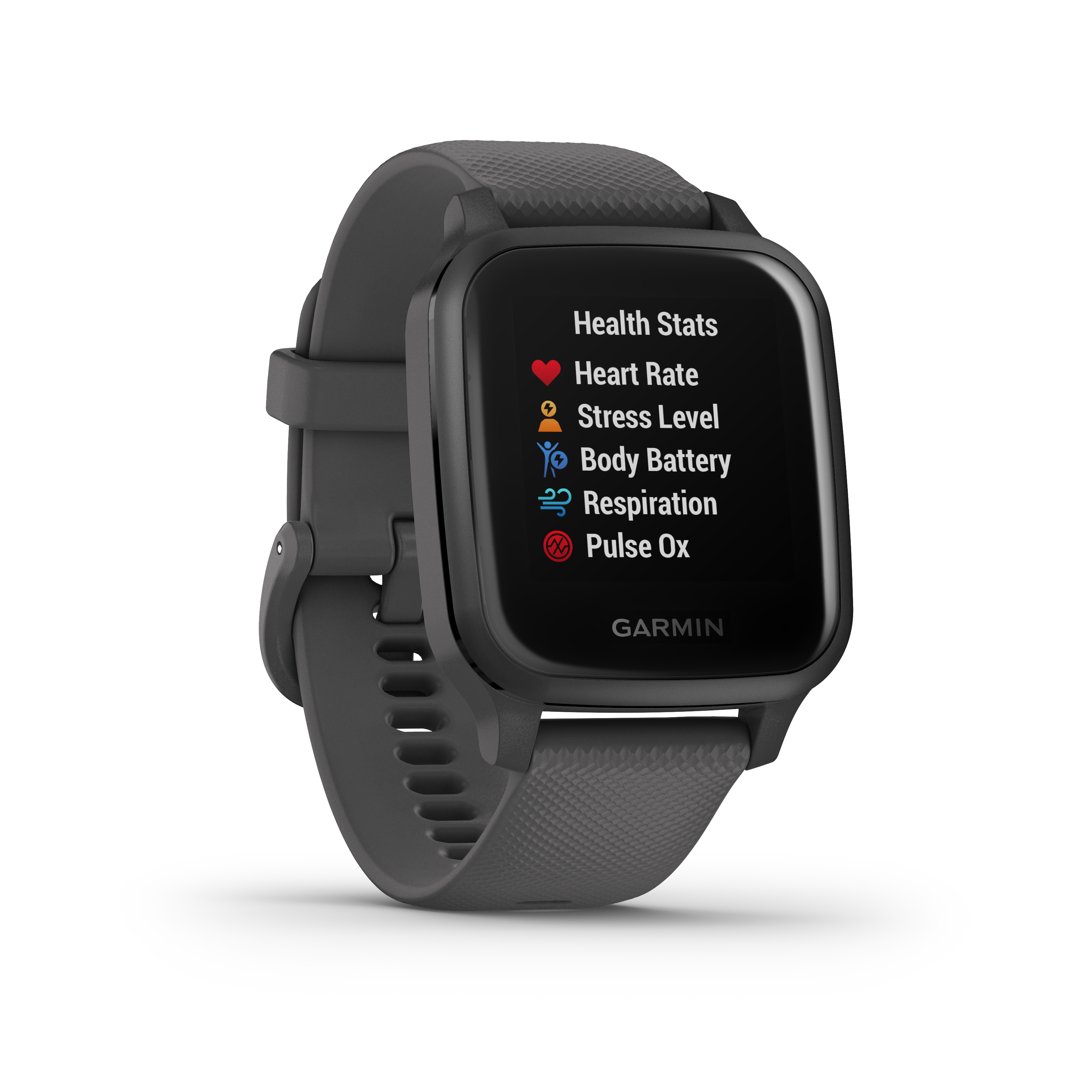 Eine graue Garmin Smartwatch zeigt Gesundheitsdaten auf einem schwarzen Bildschirm an. Die Uhr hat ein graues Armband und einen weißen Hintergrund.