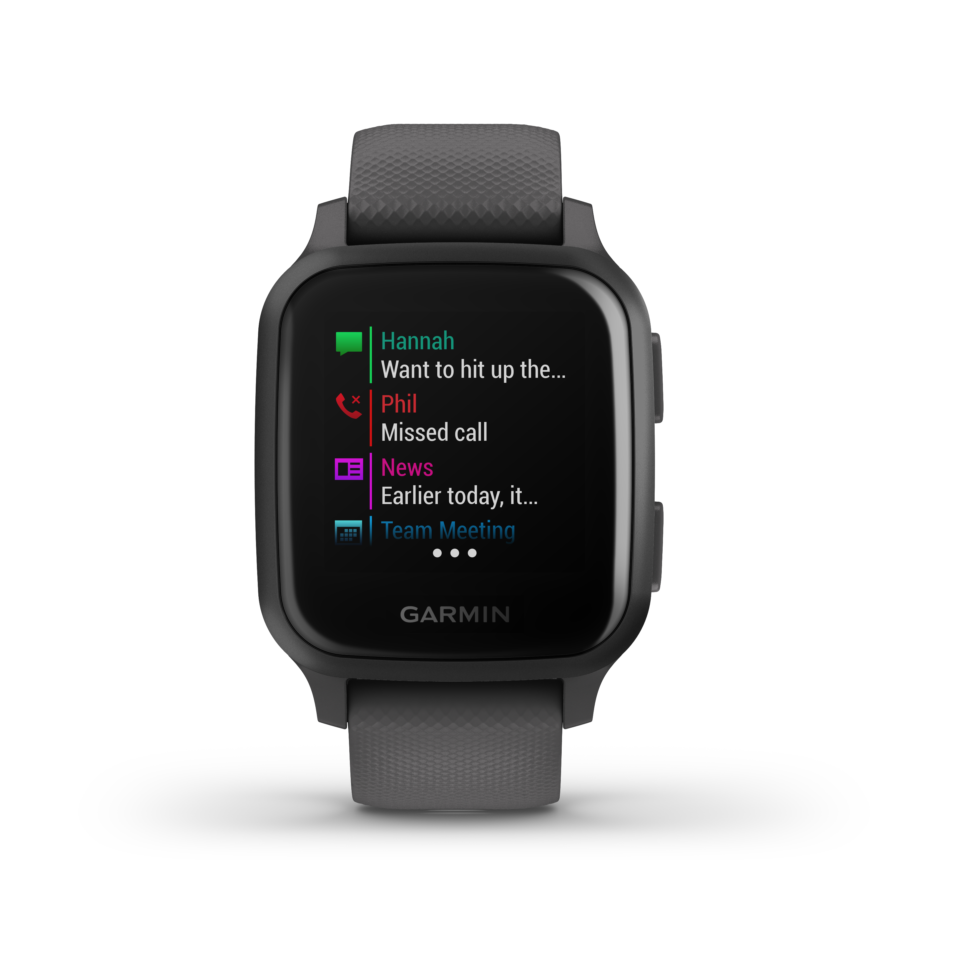 Schwarze Garmin-Smartwatch mit grauem Armband zeigt einen Bildschirm mit Benachrichtigungen.