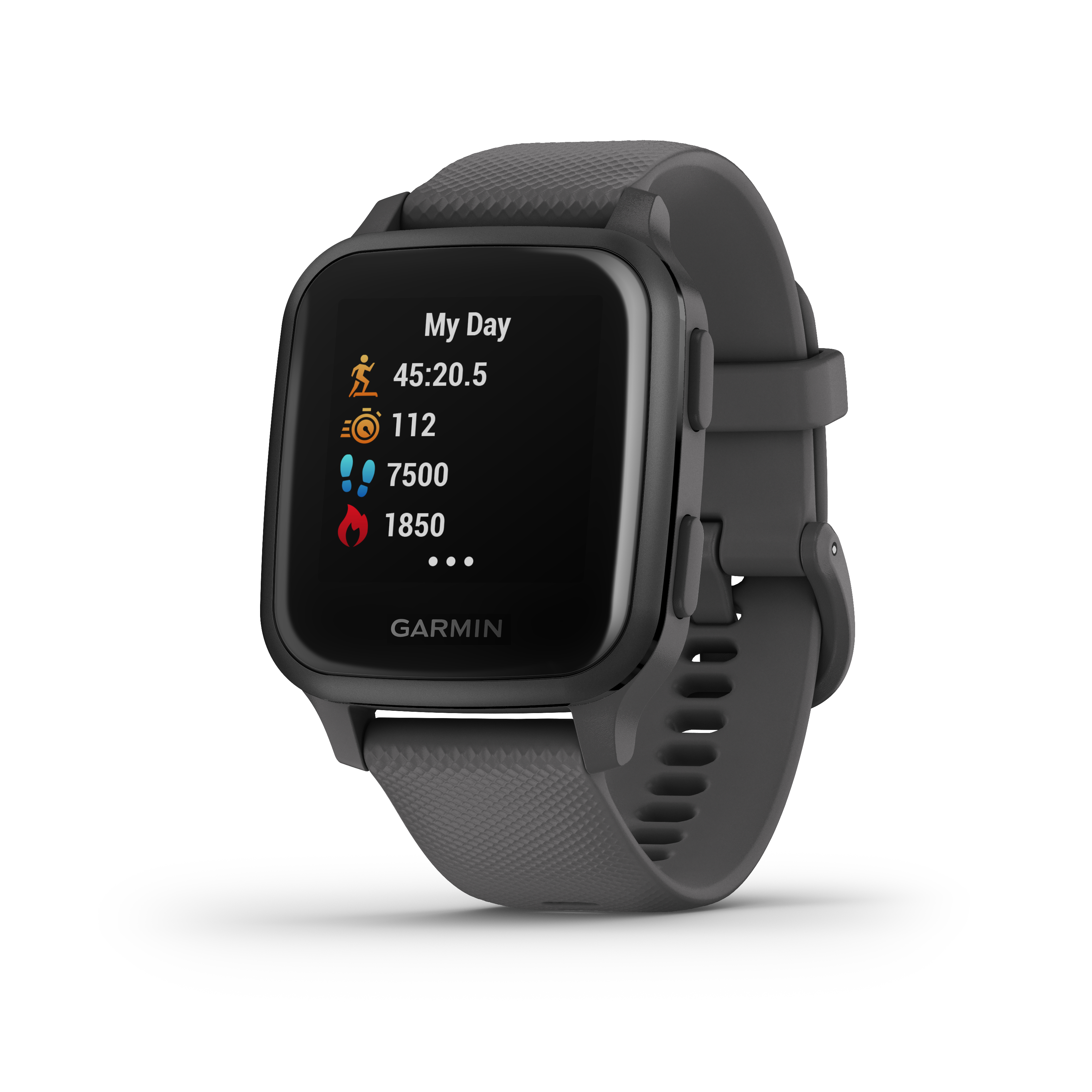 Schwarze Smartwatch mit Aktivitätsstatistiken: Zeit, Schritte, Kalorien und Herzfrequenz.