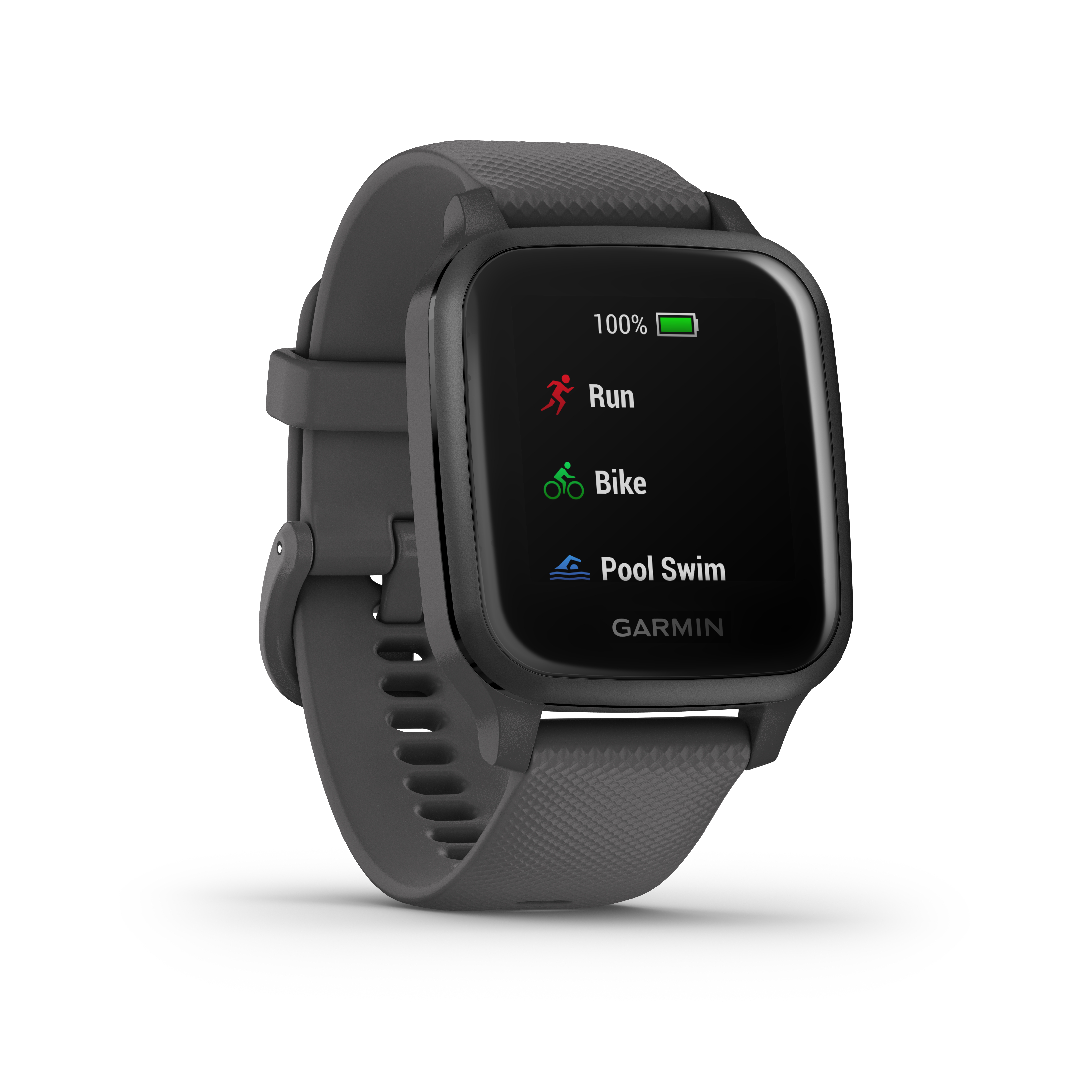 Schwarzer Smartwatch-Bildschirm mit Aktivitätsoptionen: Laufen, Fahrradfahren und Schwimmen im Pool.