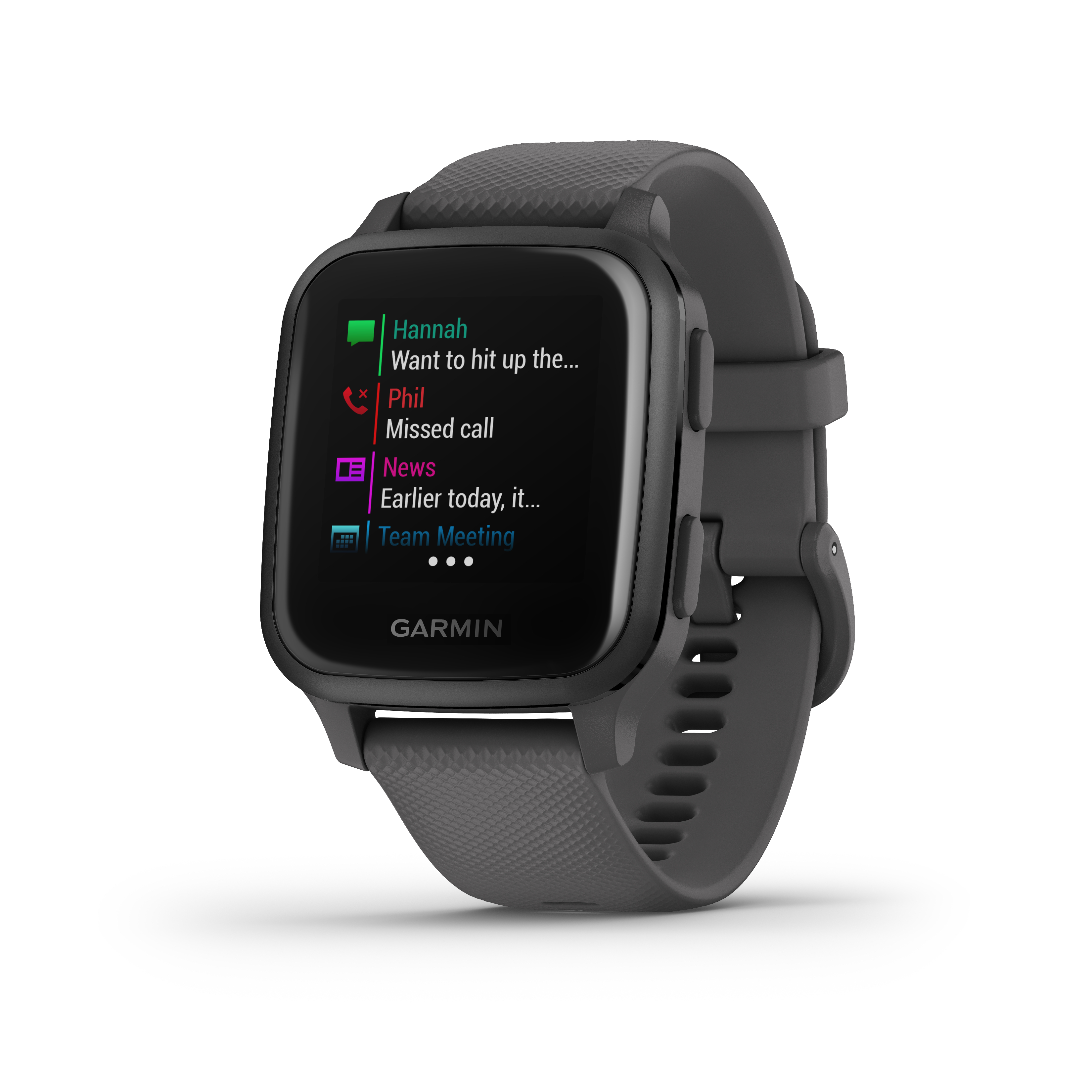 Schwarze Smartwatch mit Benachrichtigungen von Hannah und Phil sowie einer Teambesprechungsbenachrichtigung.