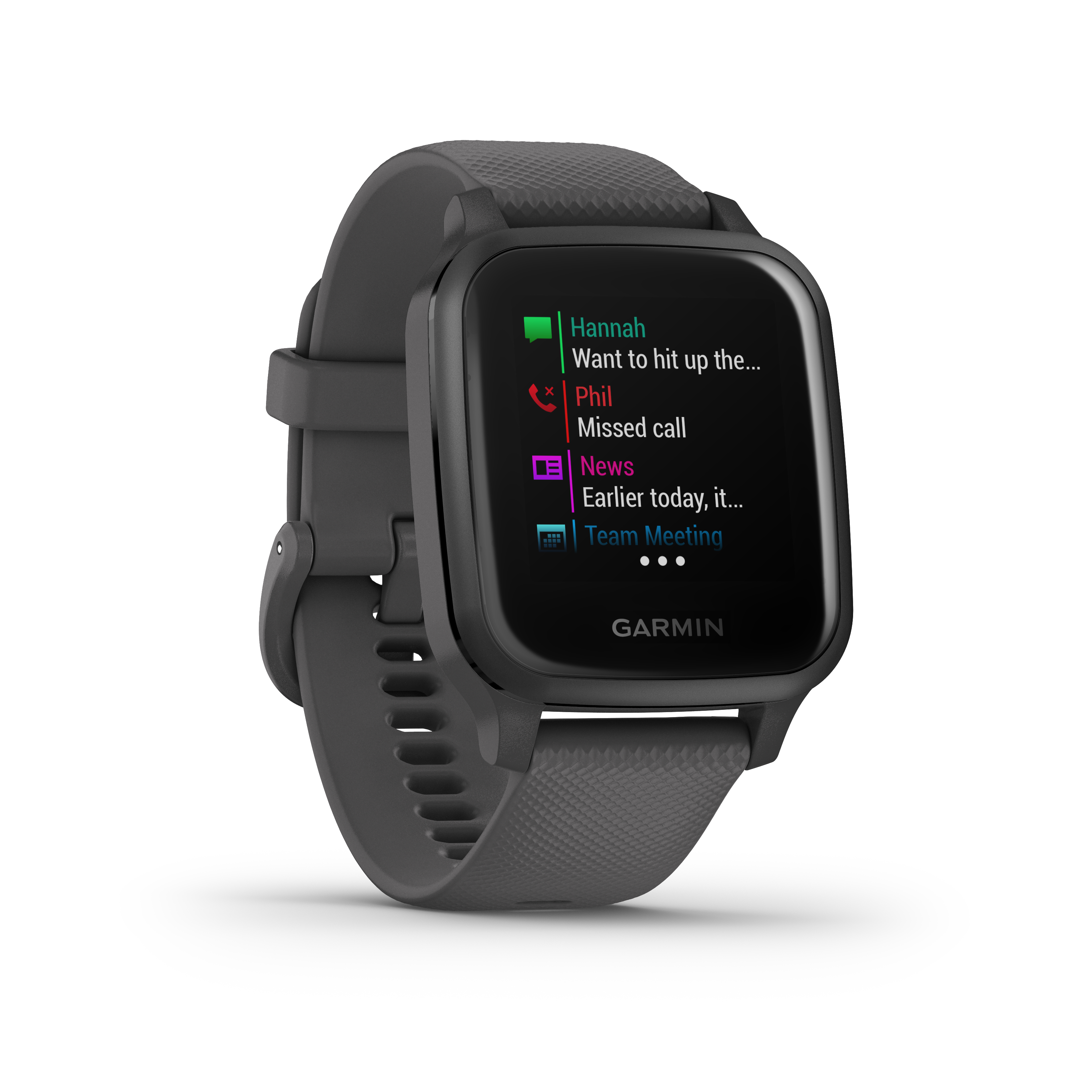 Schwarze Garmin Smartwatch mit Benachrichtigungen. Graues Armband, weißer Hintergrund.