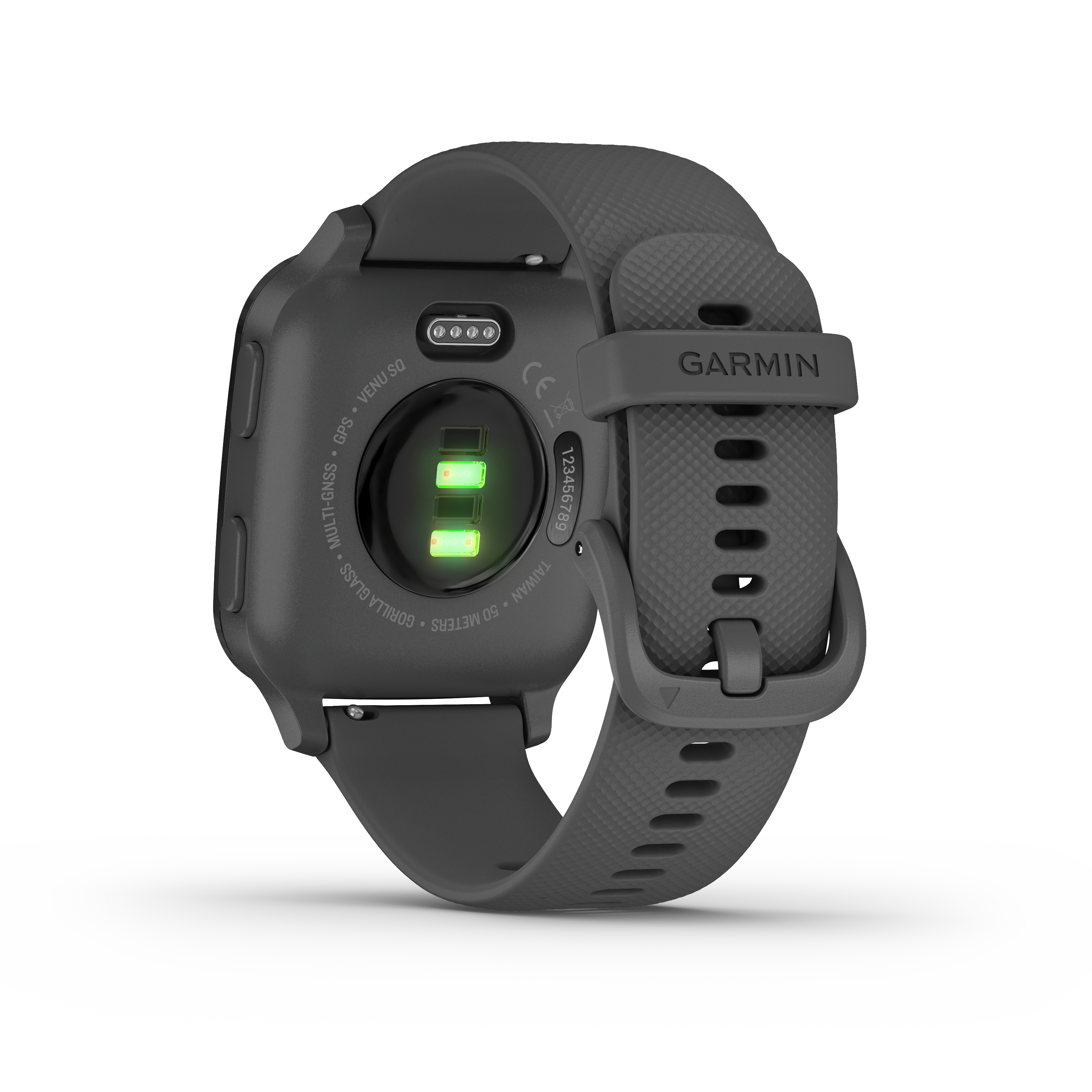 Rückansicht einer grauen Garmin-Smartwatch, die den Herzfrequenzsensor zeigt.
