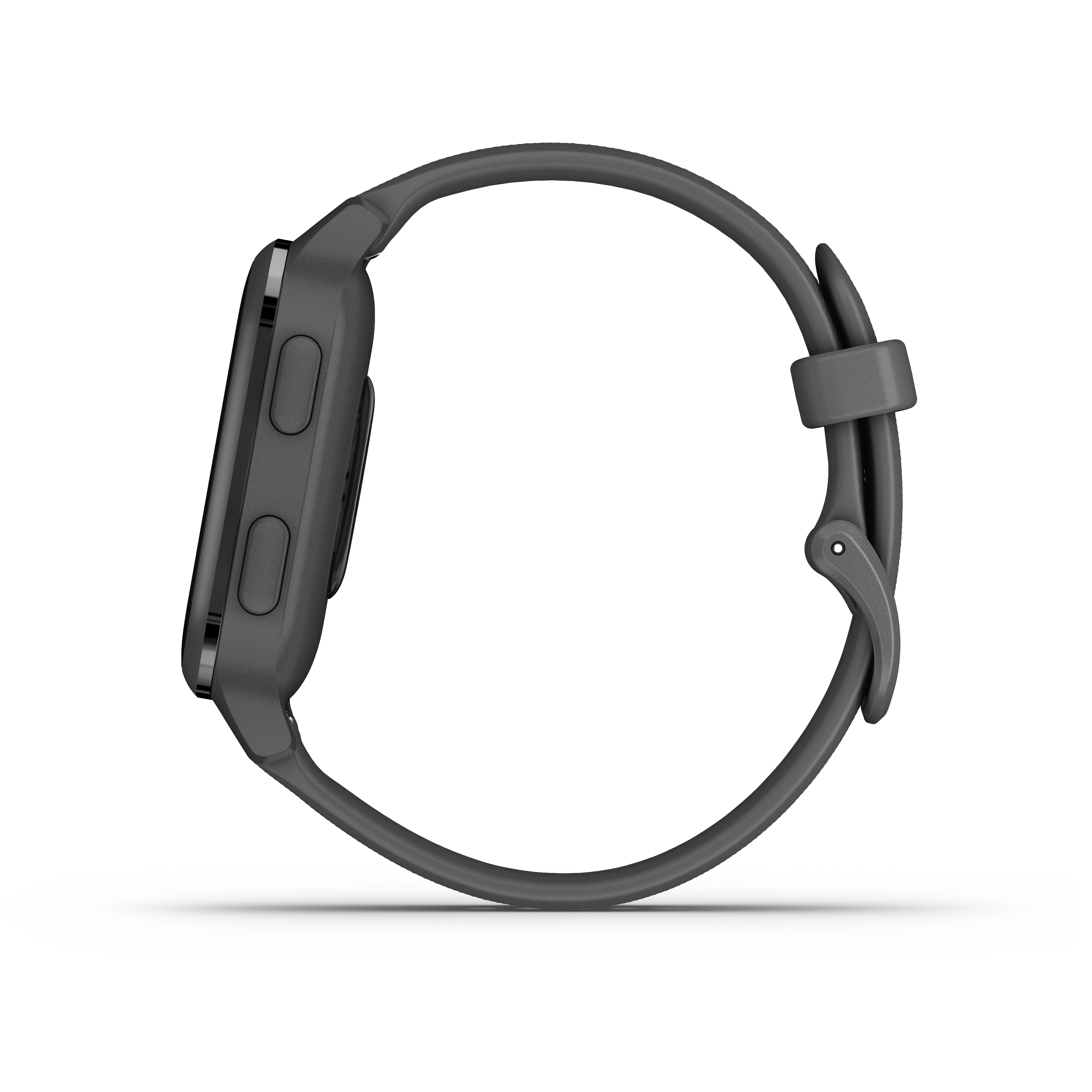Seitenansicht einer schwarzen Smartwatch mit Armband, die die Seitentasten zeigt.