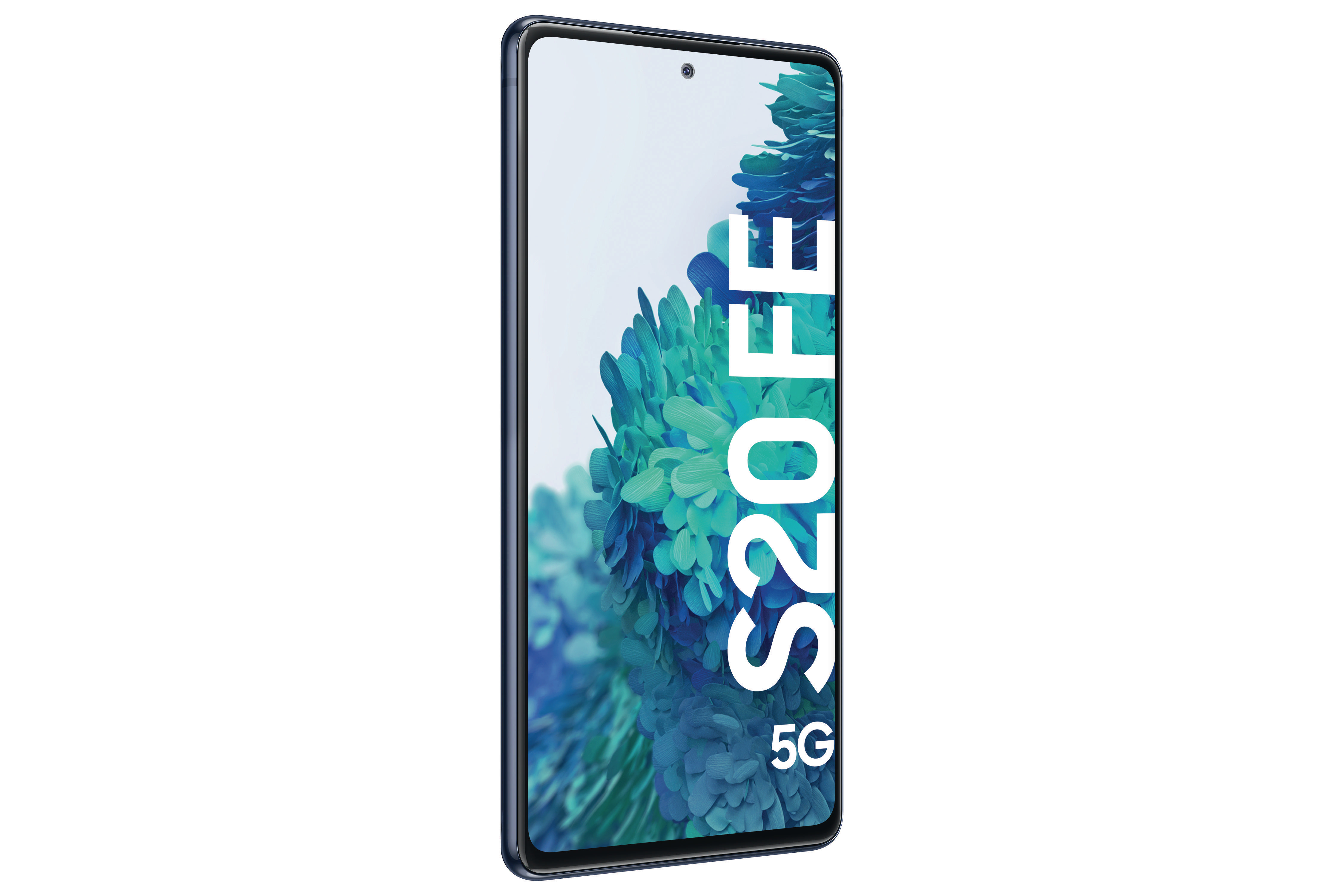 Dunkelblaues Smartphone mit weißem Bildschirm. Der Bildschirm zeigt ein Blumenmuster. Der Text S20 FE 5G.