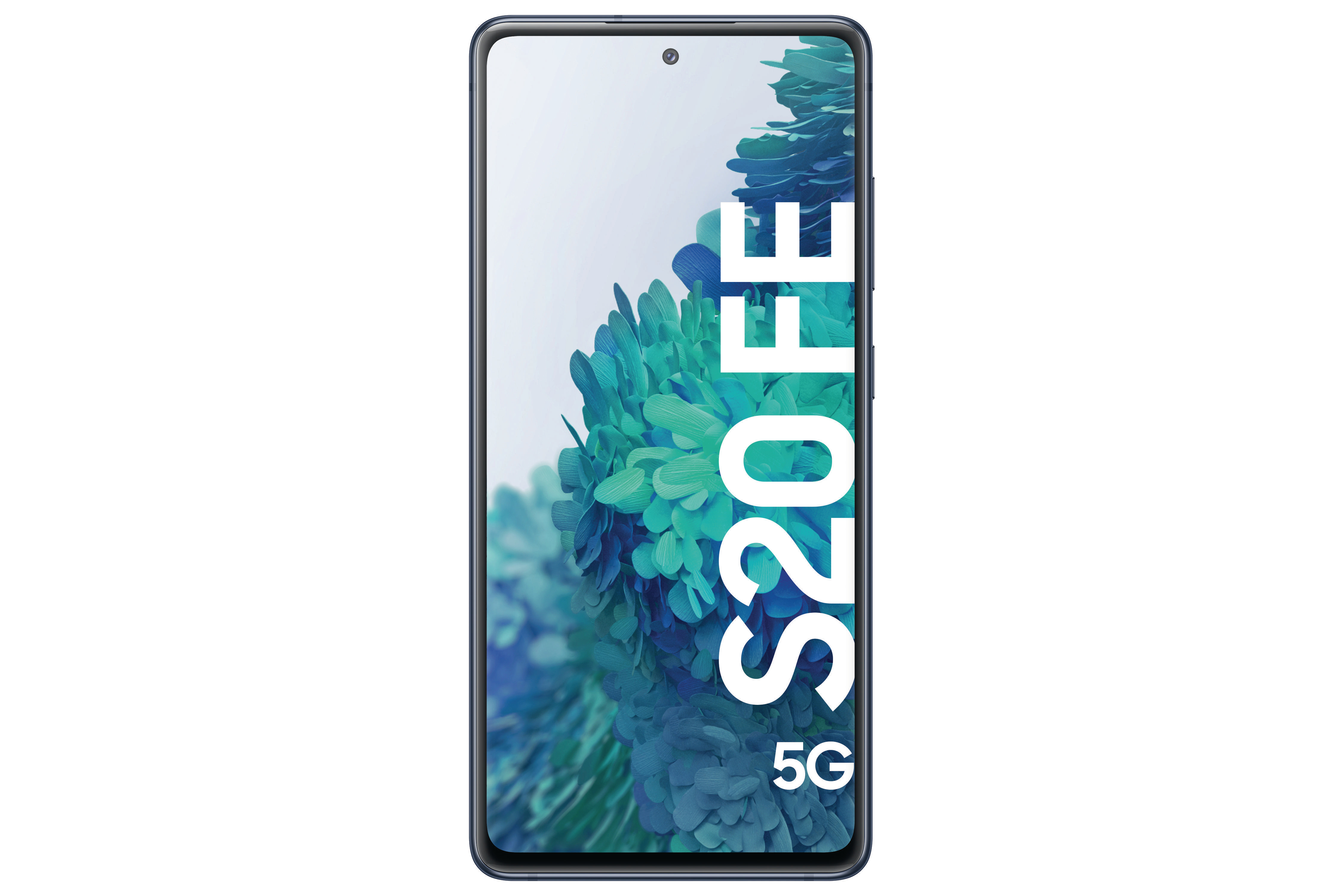 Ein dunkelblaues Smartphone mit dem Text 'S20 FE' und '5G' auf dem Bildschirm. Ein floraler Hintergrund.