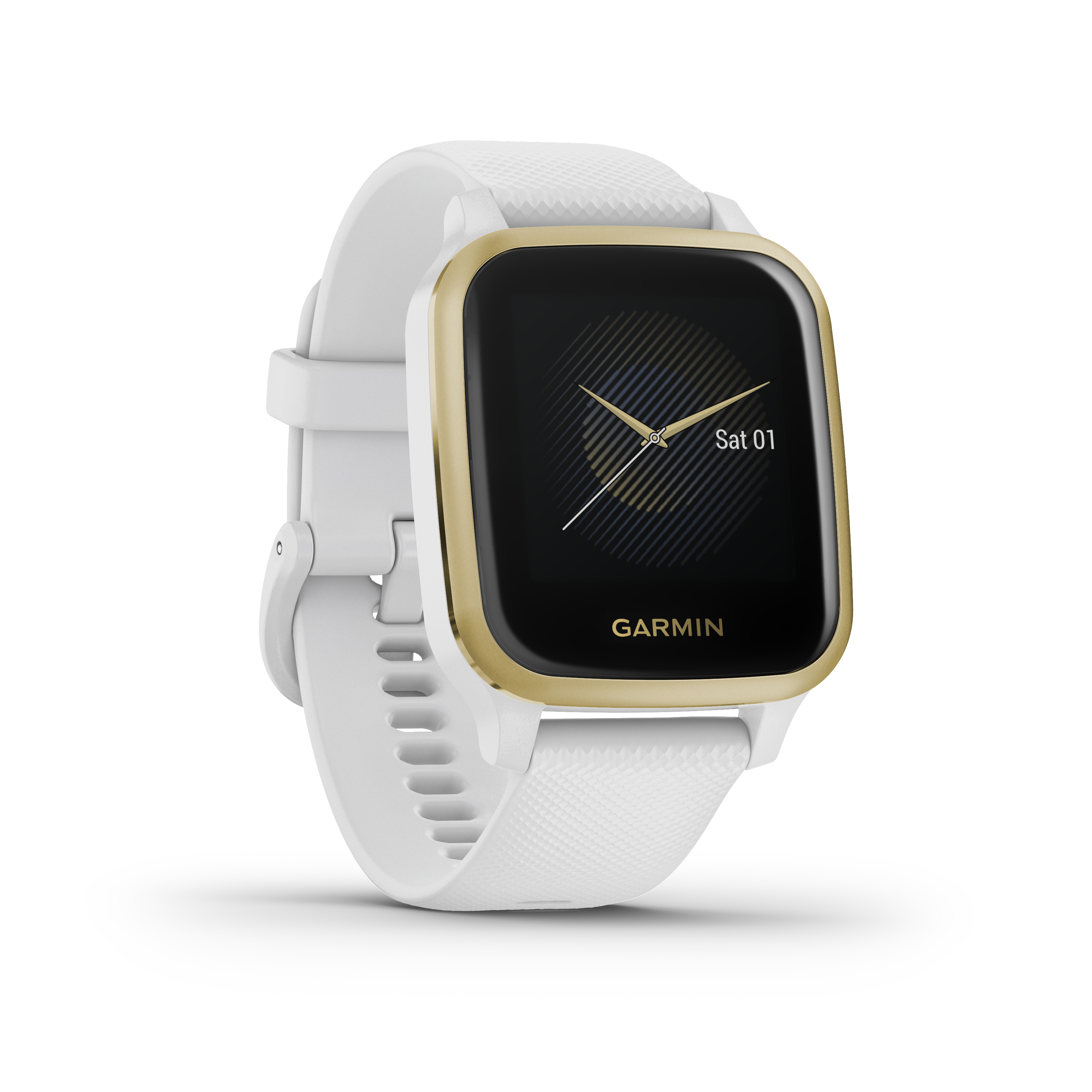 Garmin Smartwatch mit weißem Armband, goldener Lünette und schwarzem Display mit Datum.