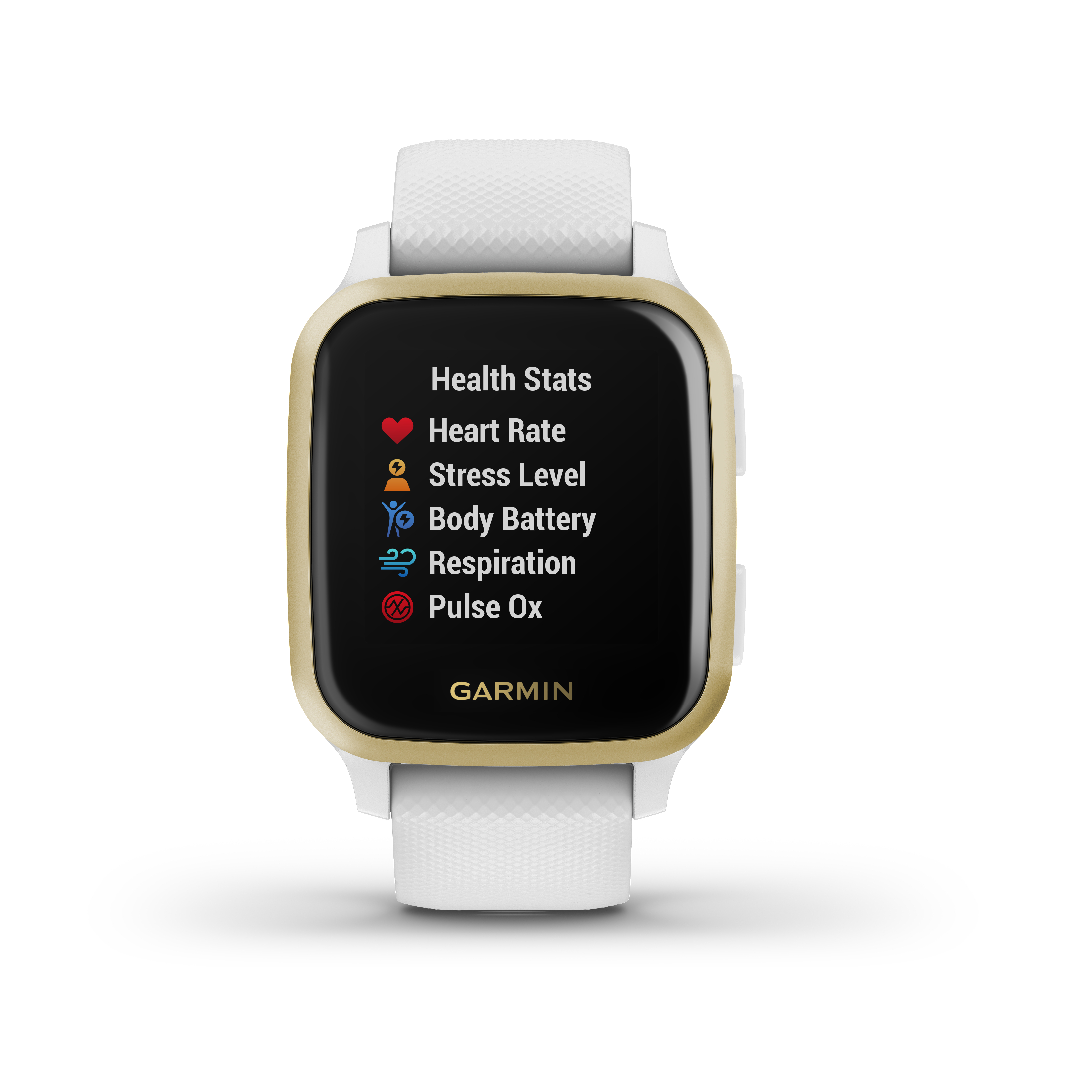 Smartwatch mit weißem Armband. Zeigt Gesundheitsstatistiken an: Herzfrequenz, Stress, Körperbatterie, Atmung und Pulsoximetrie.
