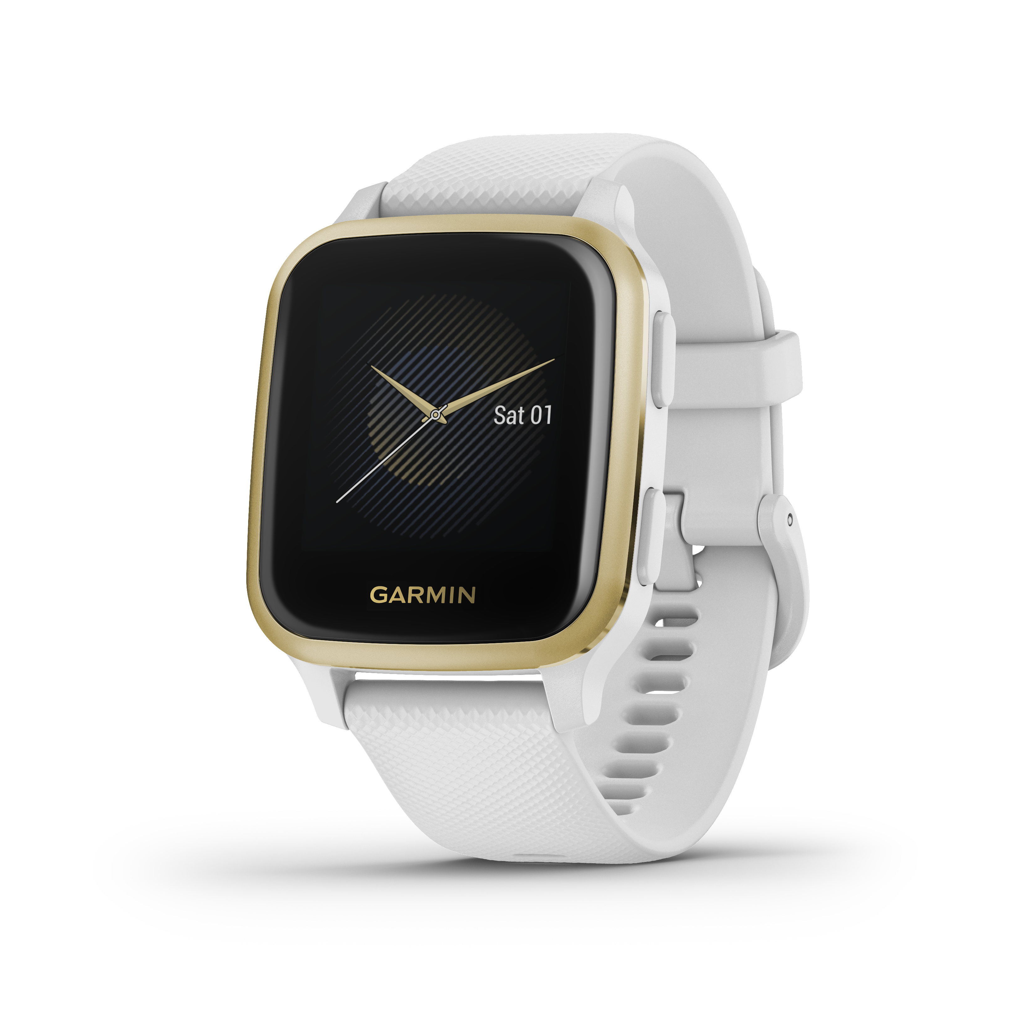 Smartwatch mit weißem Armband und goldenem Rahmen, schwarzem Bildschirm mit Uhrzeit, Garmin-Logo.