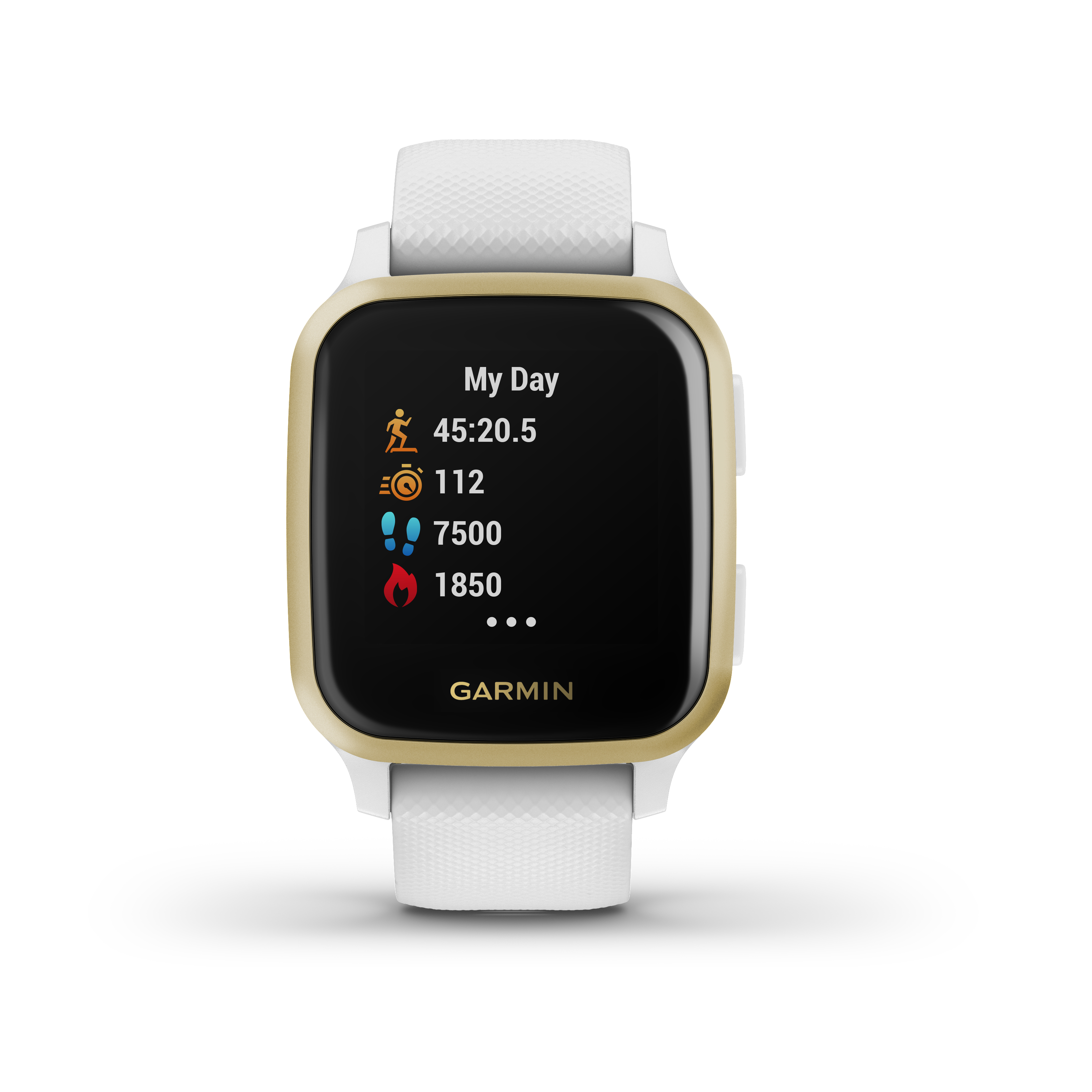 Garmin Smartwatch. Das Display zeigt Fitnessdaten: Zeit, Kalorien, Schritte und Herzfrequenz.