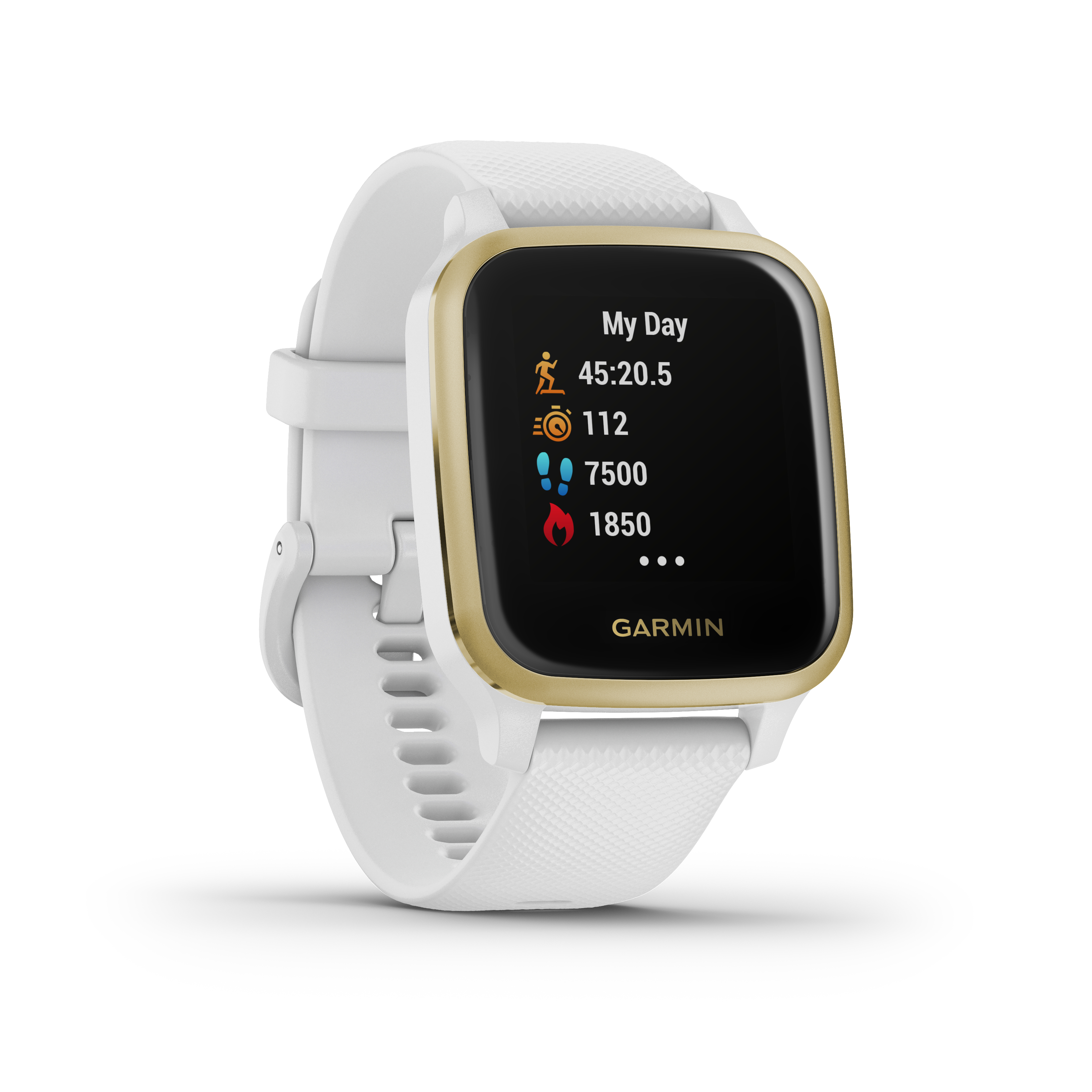 Weiße und goldene Garmin Smartwatch, zeigt Fitness-Metriken auf dem Bildschirm, weißes Armband.