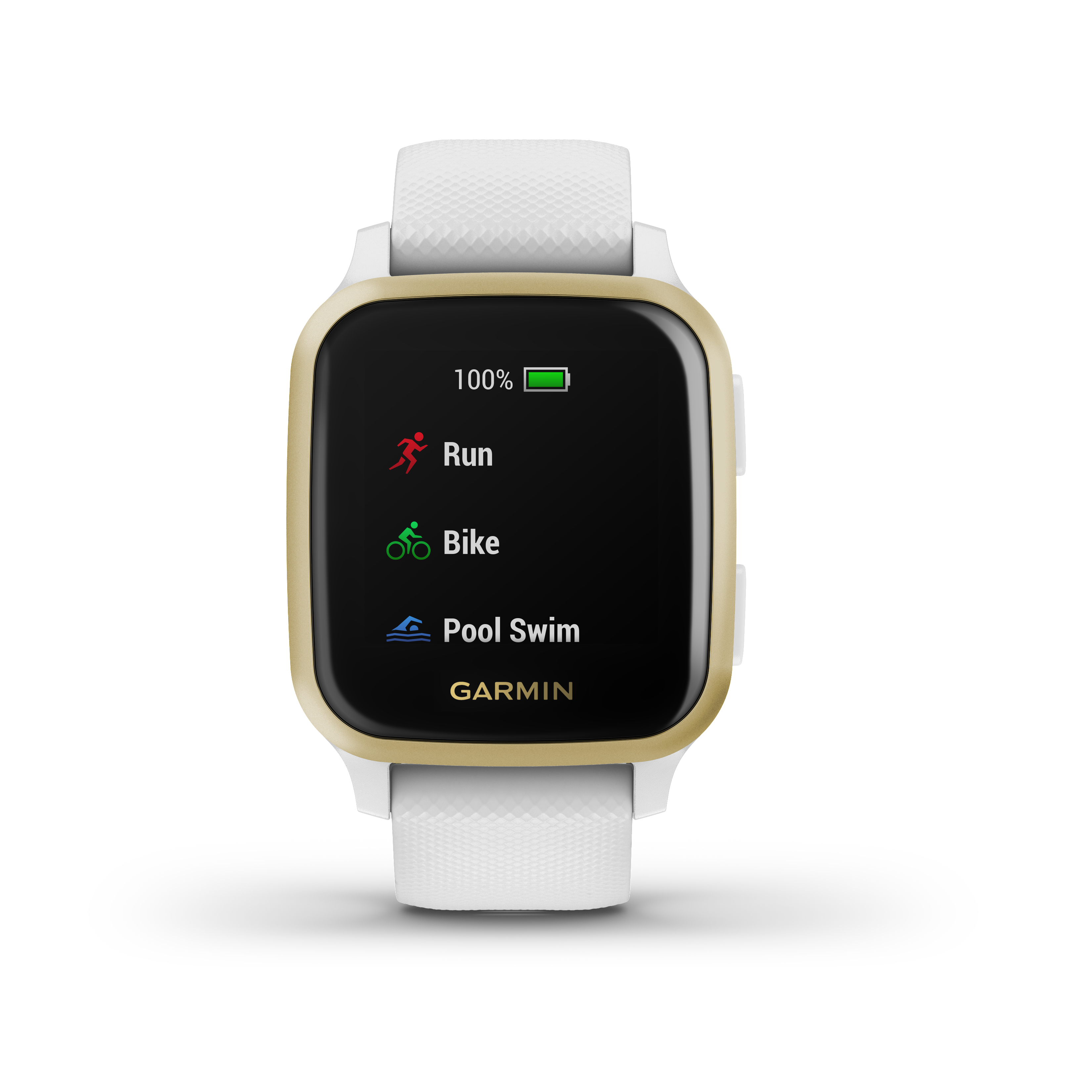 Garmin Smartwatch mit Optionen für Laufen, Radfahren und Schwimmen. Akku ist 100 %.