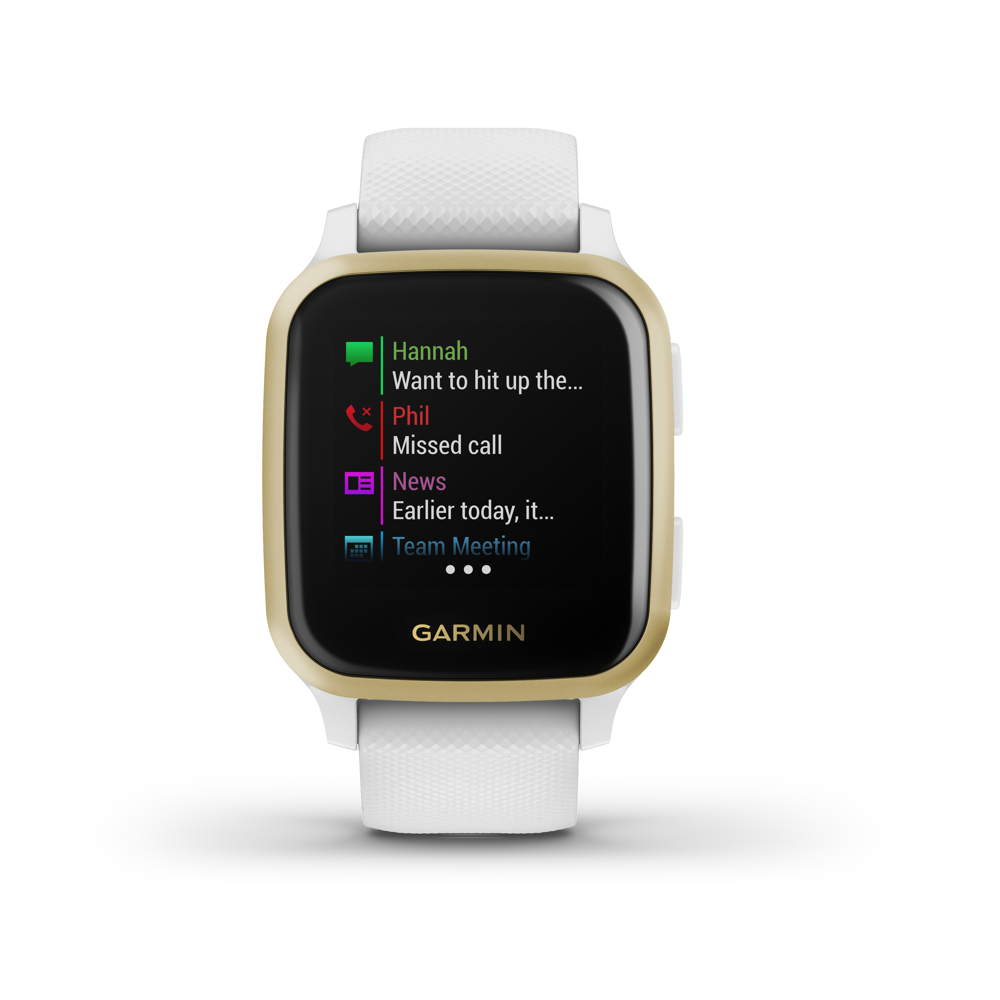 Garmin Smartwatch mit weißem Armband. Der Bildschirm zeigt Benachrichtigungen und eine goldfarbene Lünette.