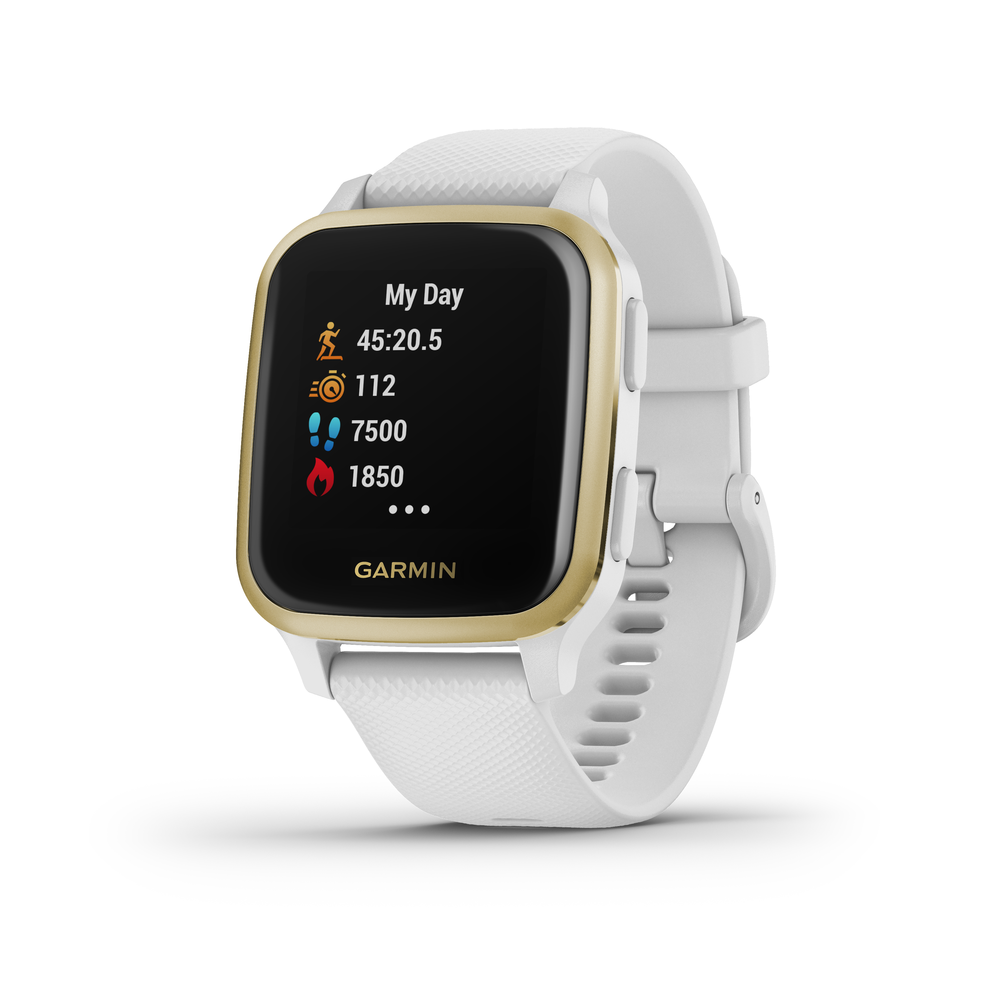 Weiße Garmin Smartwatch mit goldener Lünette, die Fitnessdaten anzeigt.
