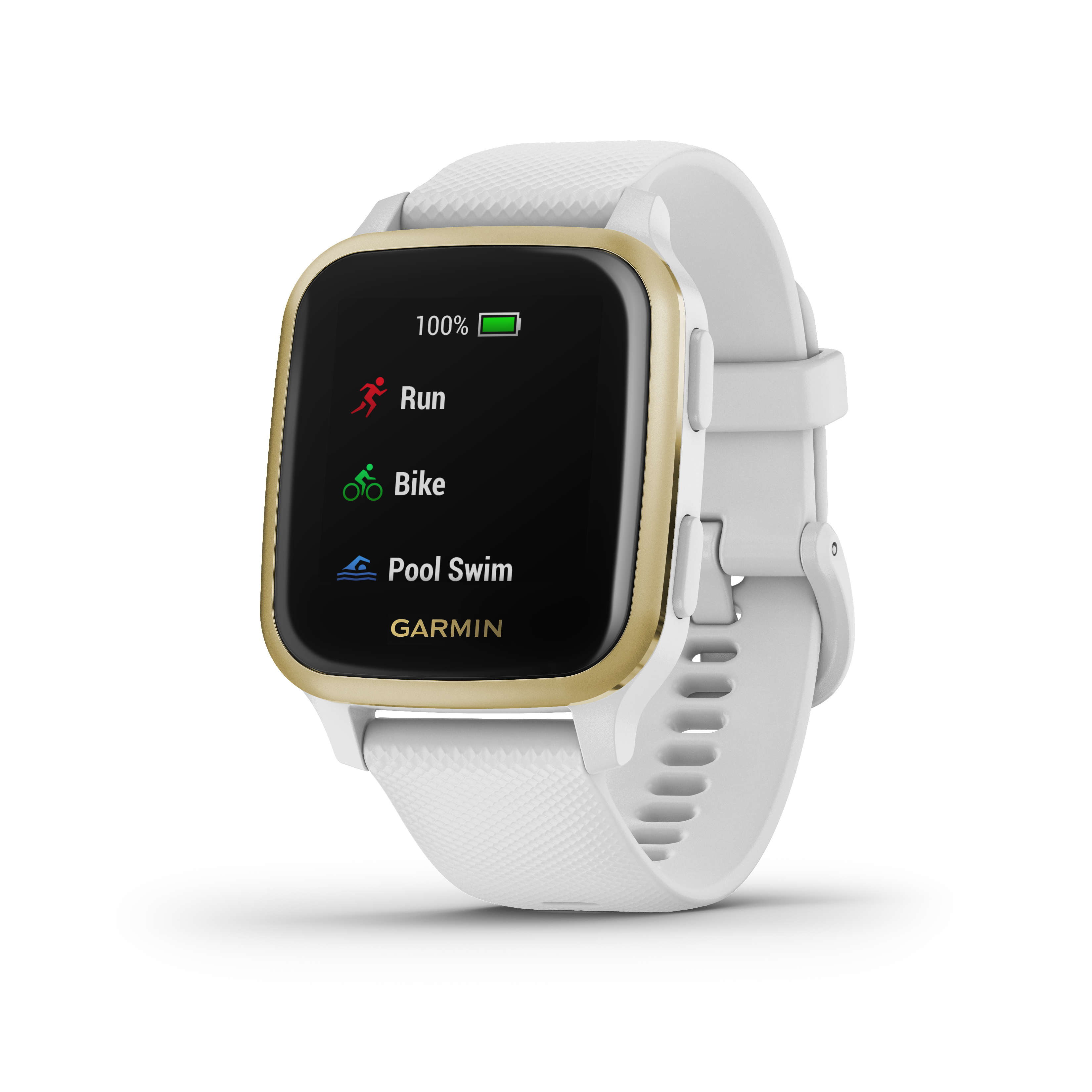 Weiße Smartwatch mit goldenem Rahmen zeigt Lauf-, Fahrrad- und Schwimm-Symbole auf schwarzem Bildschirm.