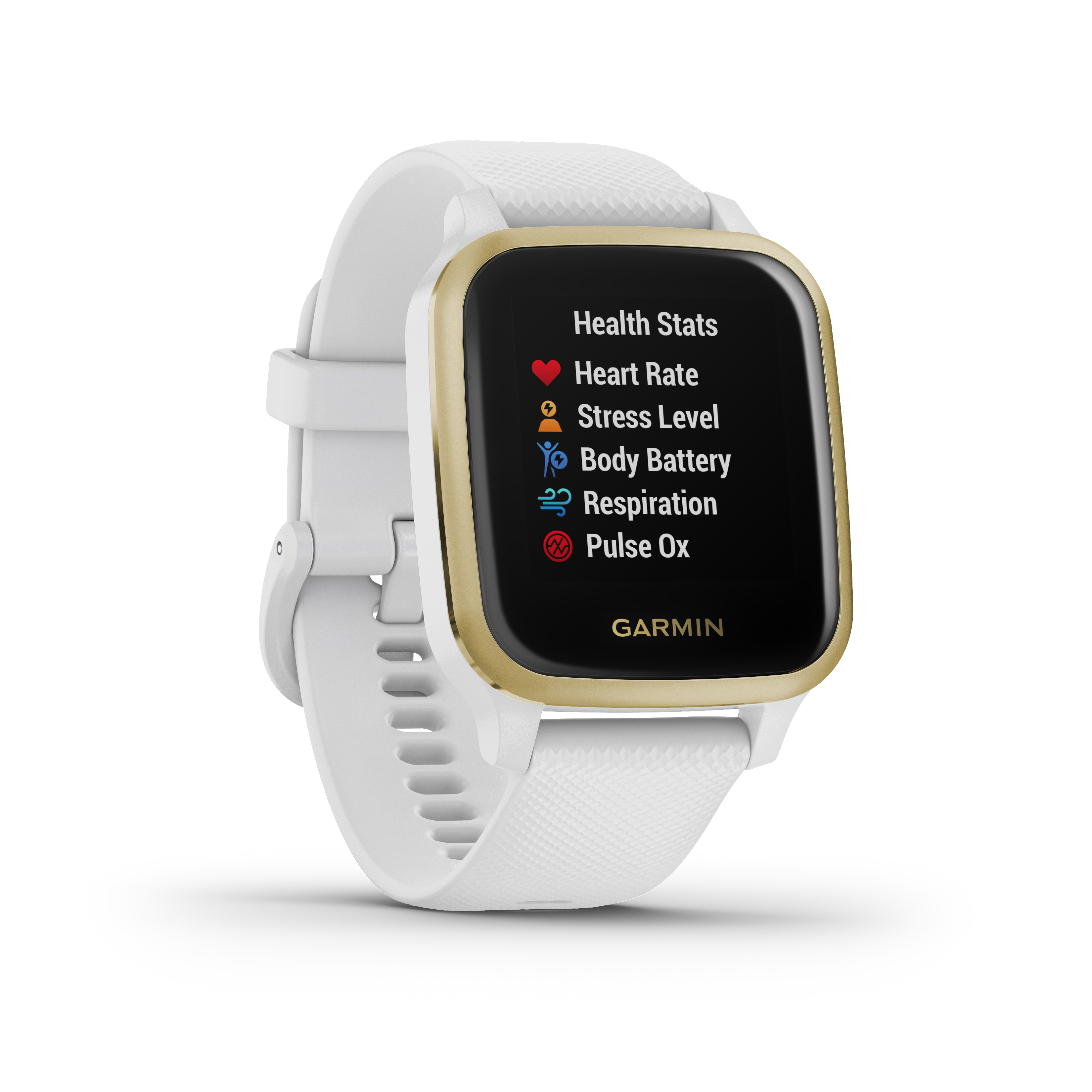 Eine weiße Smartwatch mit goldenem Rand. Der Bildschirm zeigt Gesundheitsdaten, einschließlich Herzfrequenz und Stresslevel.