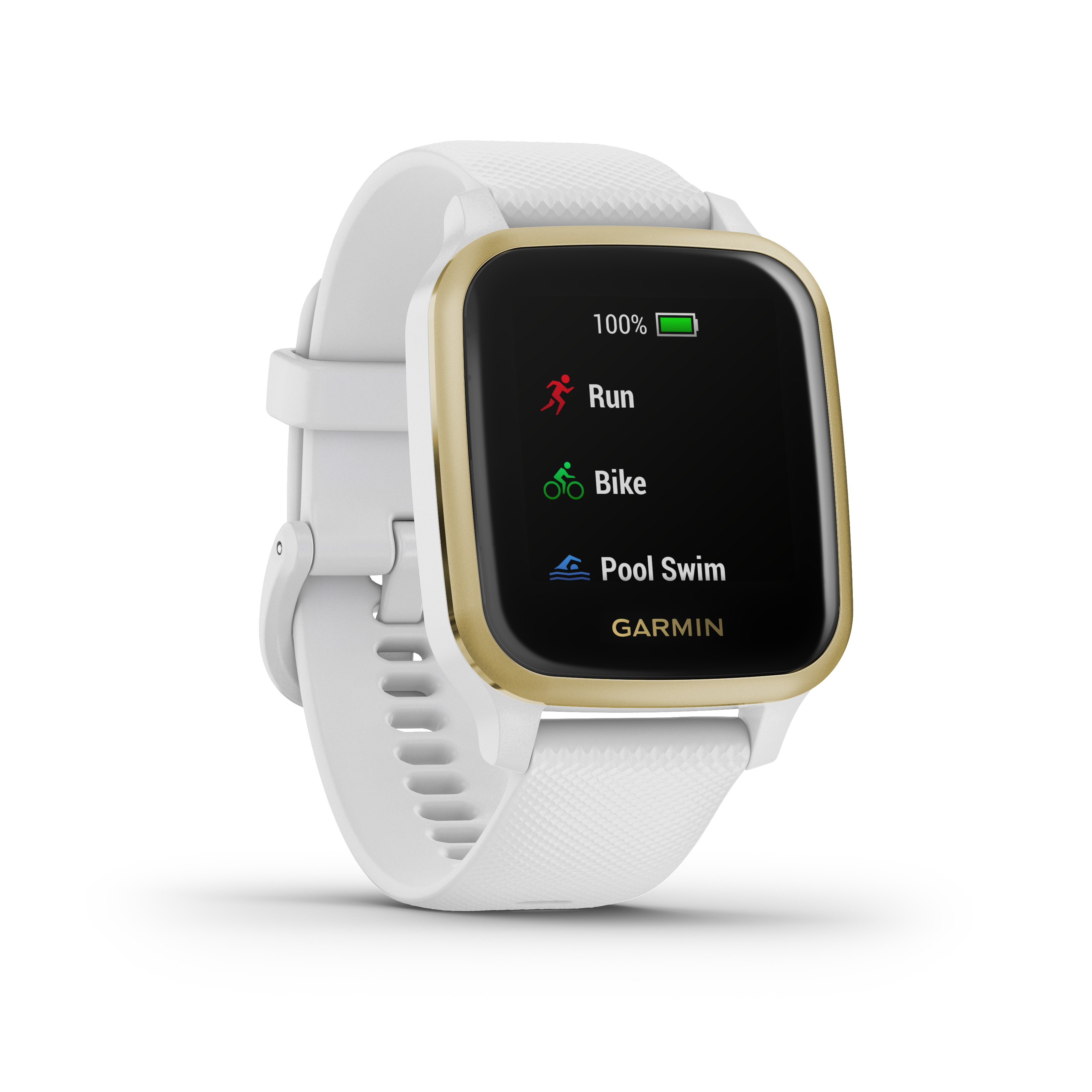 Weiße Garmin Smartwatch mit Goldrahmen, zeigt Lauf-, Fahrrad- und Schwimmoptionen.