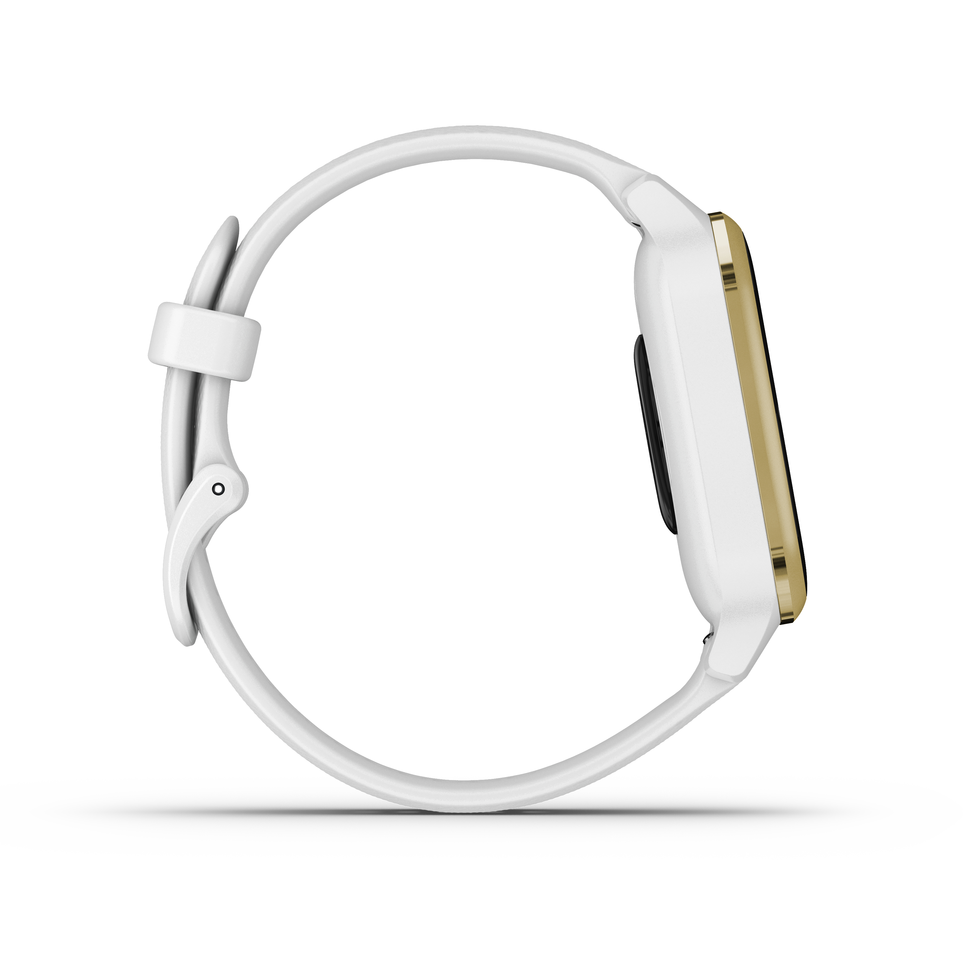 Eine weiße Smartwatch mit goldenem Rahmen, Seitenansicht, auf weißem Hintergrund mit Schatten.