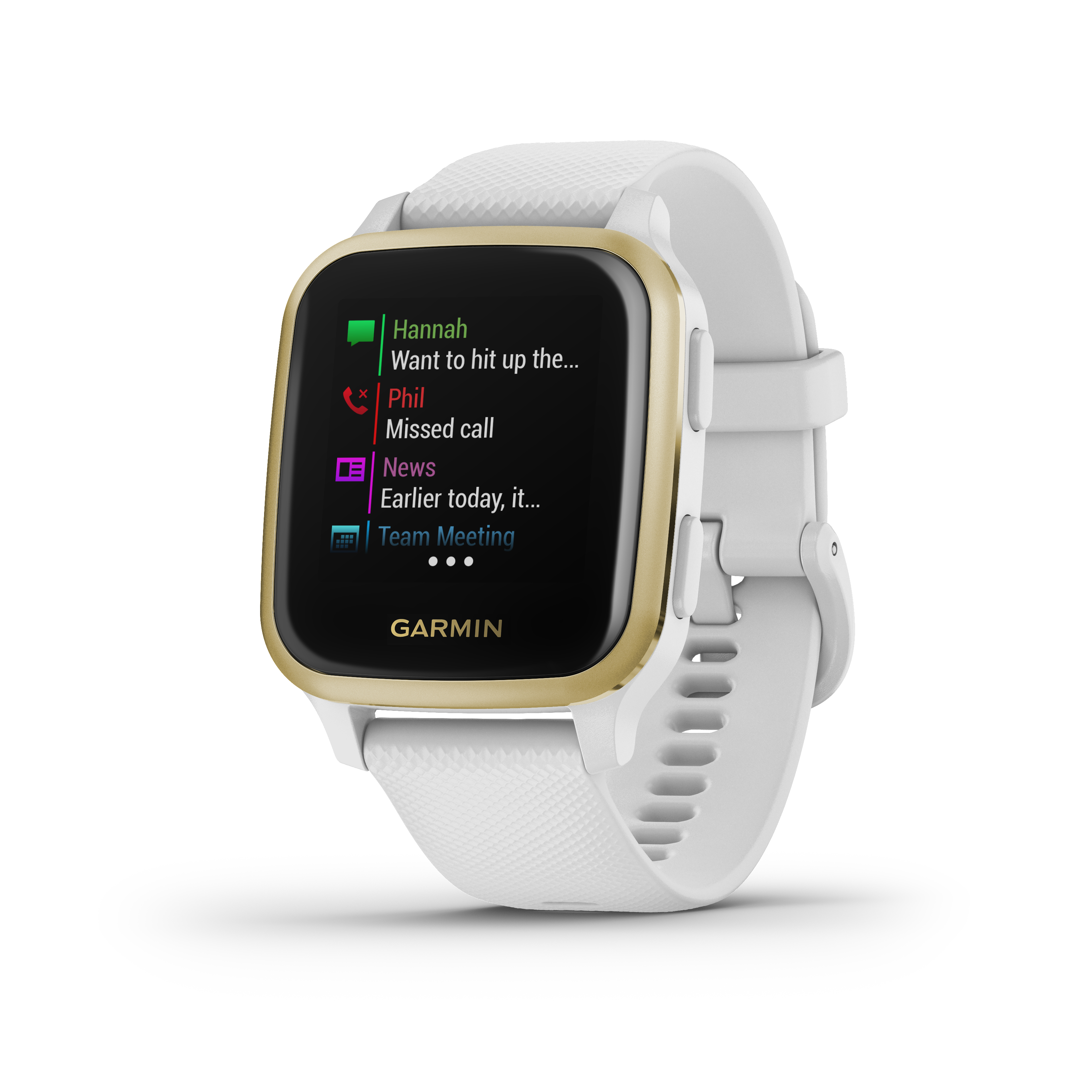 Eine weiße Smartwatch mit goldfarbener Lünette, die einen Nachrichtenscreen auf weißem Hintergrund zeigt.
