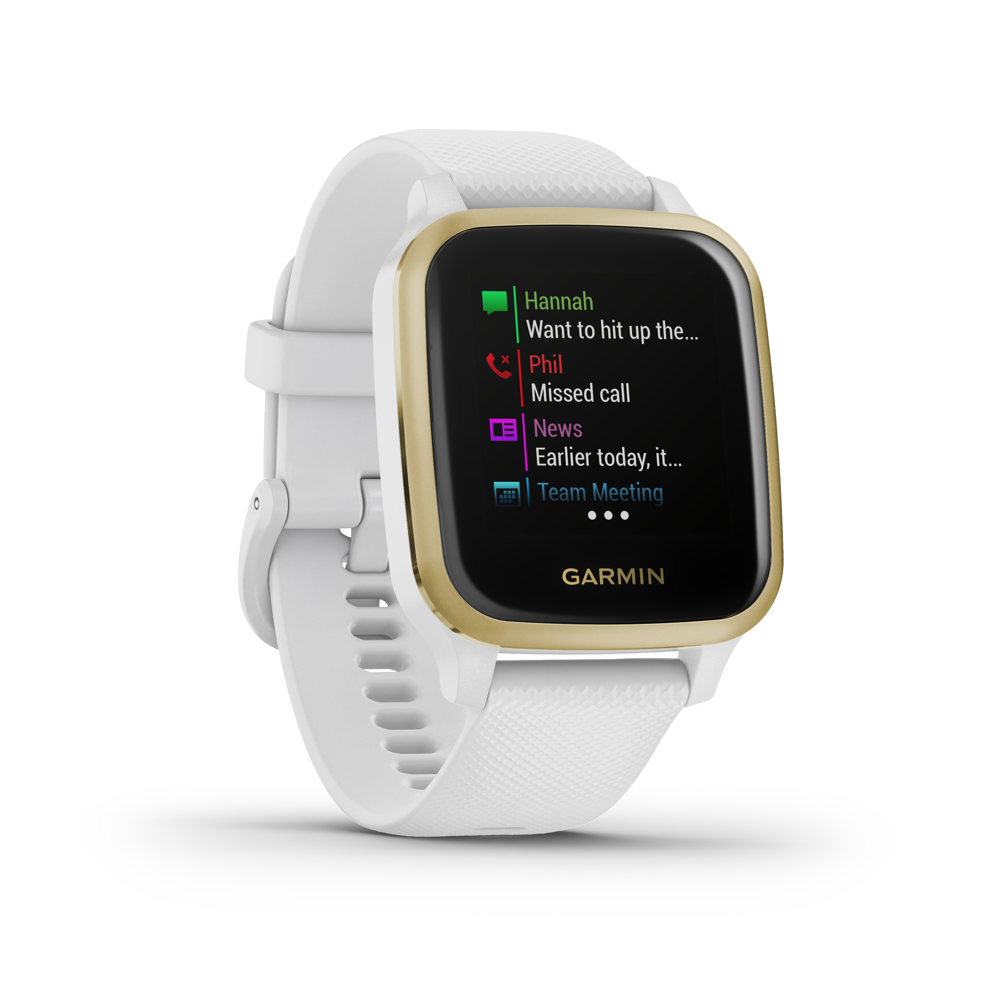 Weiße Smartwatch mit goldenem Rand. Bildschirm zeigt Anrufe und Benachrichtigungen. Weißes Armband.