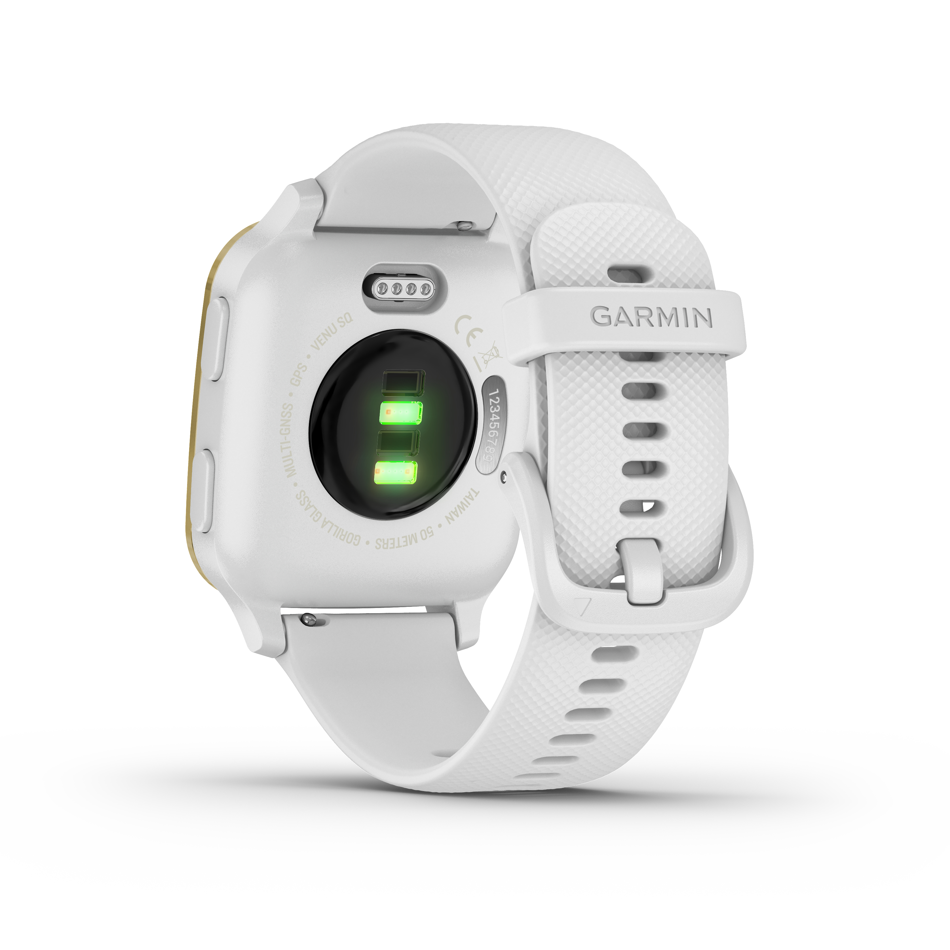 Weiße Garmin Smartwatch, Rückansicht, mit beleuchtetem Herzfrequenzsensor. Weißes Armband.