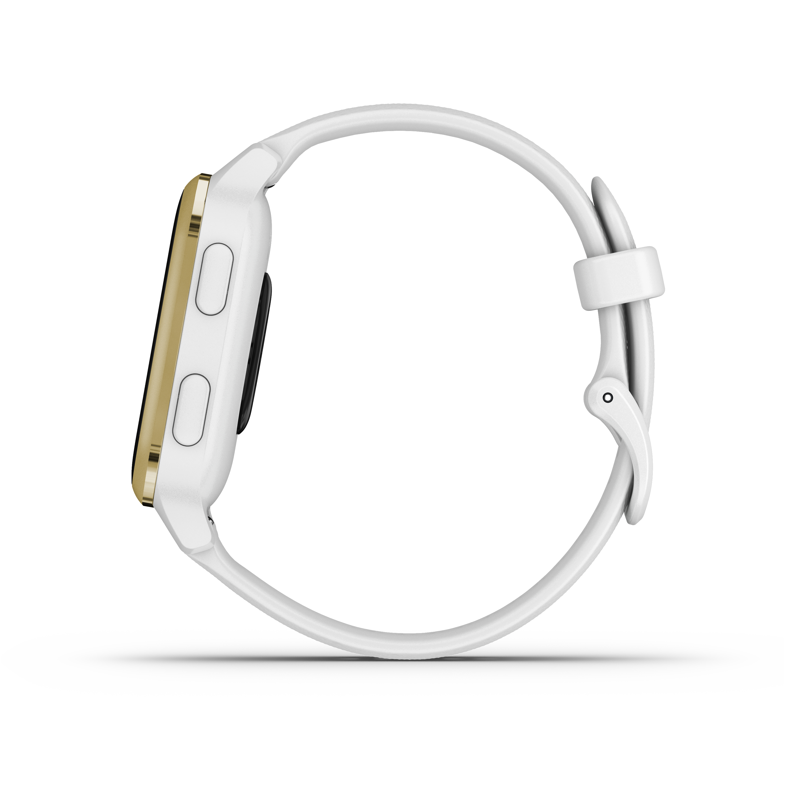 Seitenansicht der weißen Garmin-Smartwatch. Goldene Lünette, weißes Armband. Zwei Knöpfe an der Seite. Schwarzer Bildschirm.
