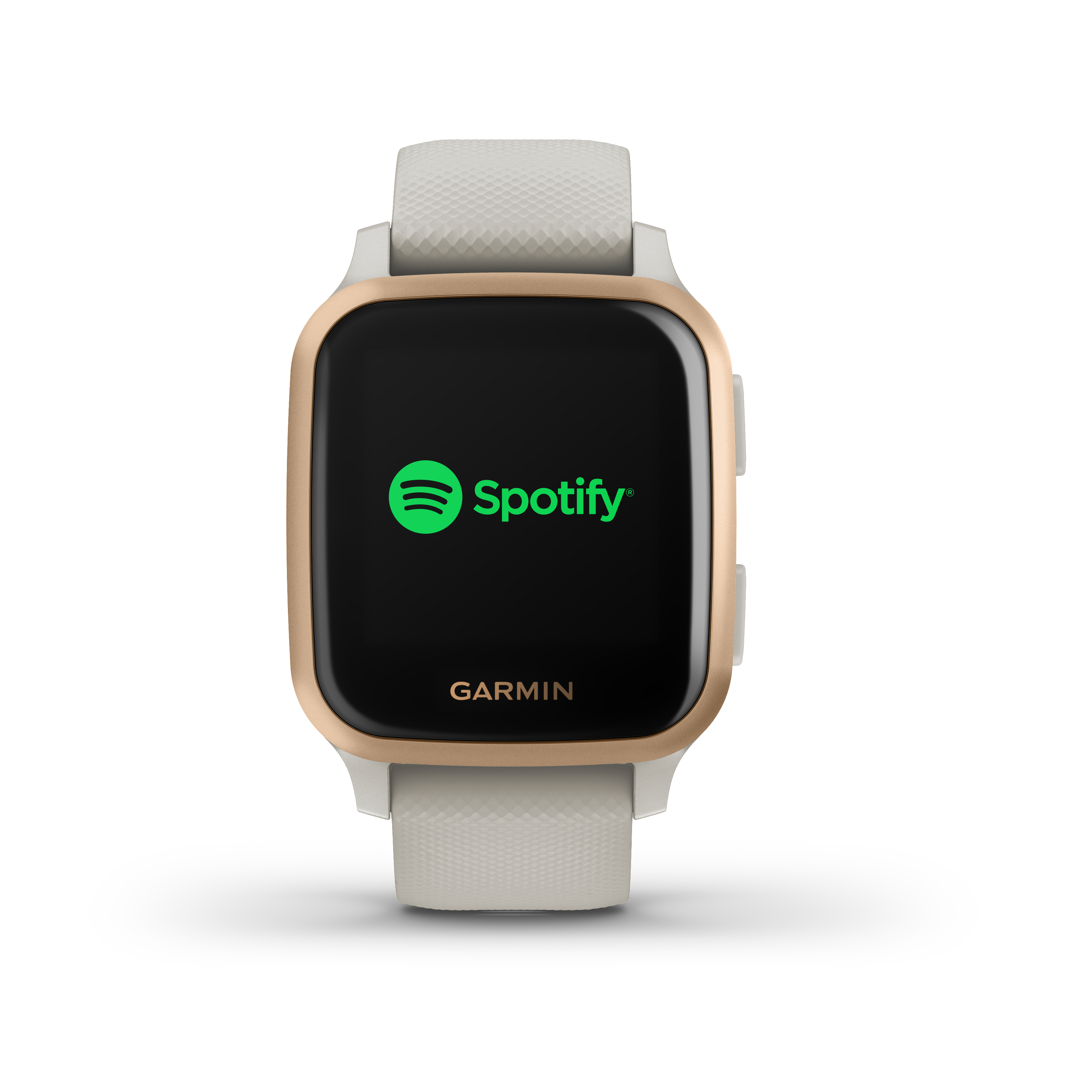 Garmin Smartwatch mit Spotify-Logo auf dem Bildschirm und einem weißen und goldenen Armband.