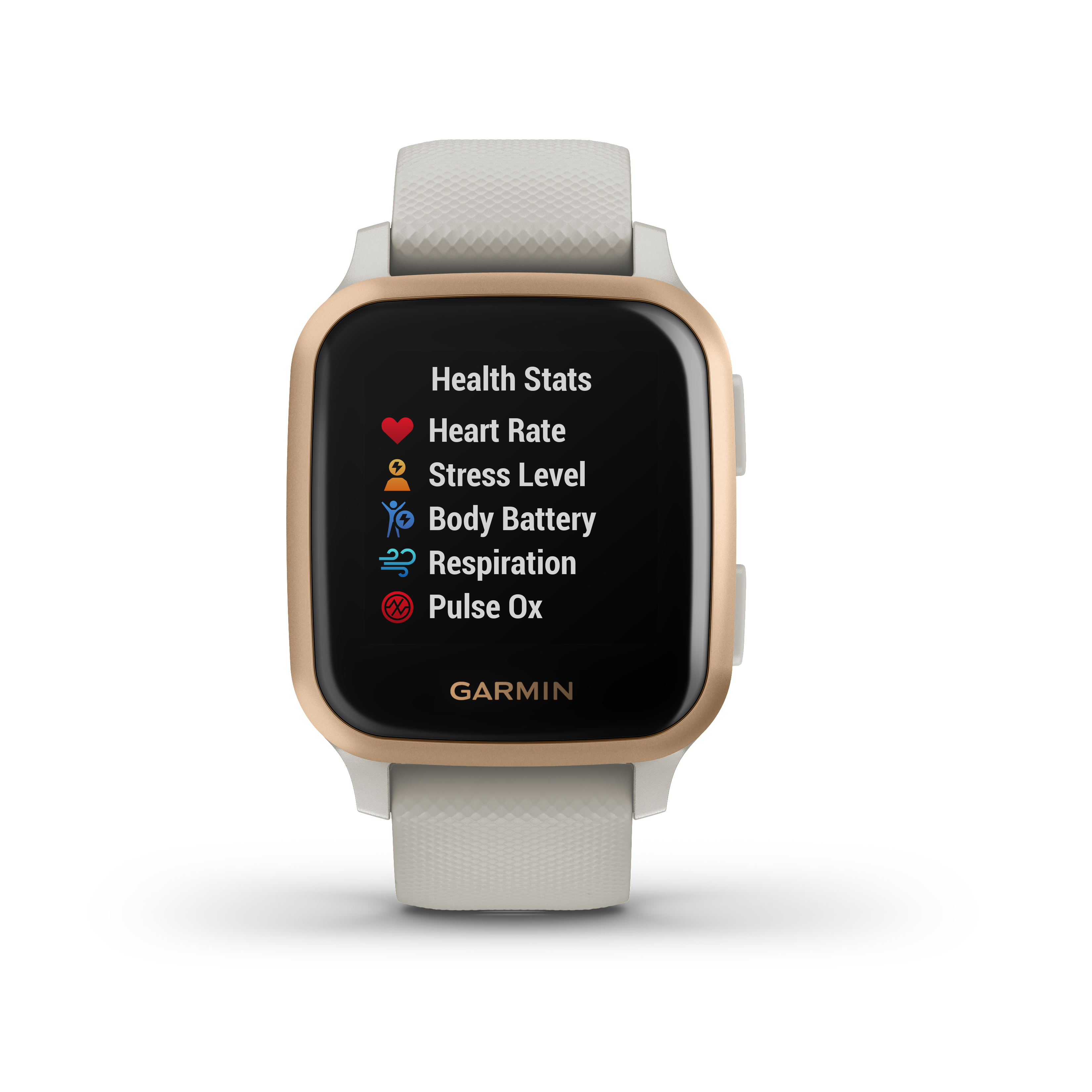 Eine Garmin-Smartwatch zeigt Gesundheitsdaten an: Herzfrequenz, Stresslevel, Körperbatterie, Atmung und Pulsoximetrie.