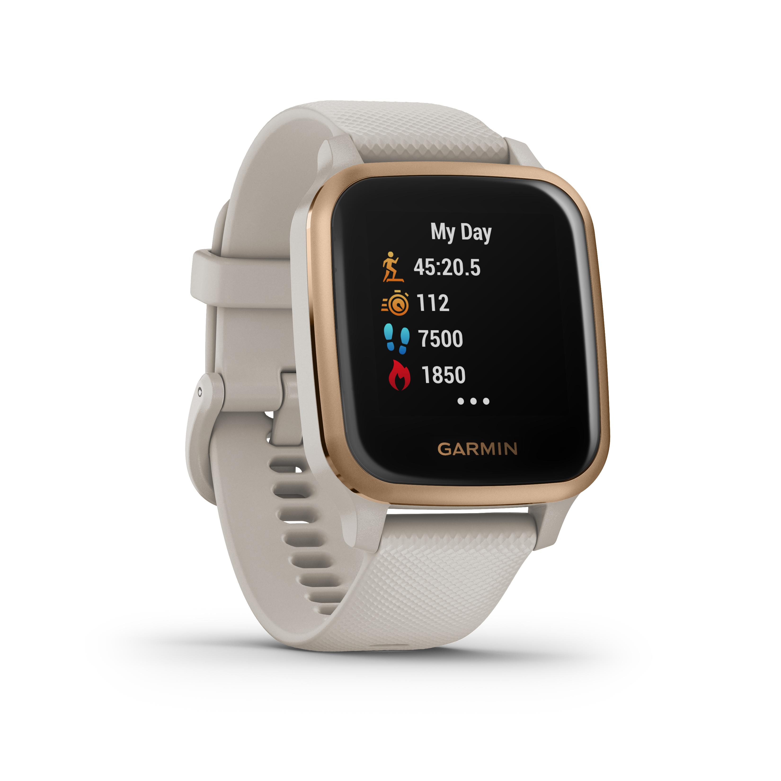 Smartwatch mit hellbraunem Armband, goldenem Rahmen und Aktivitätsdaten auf dem Display.