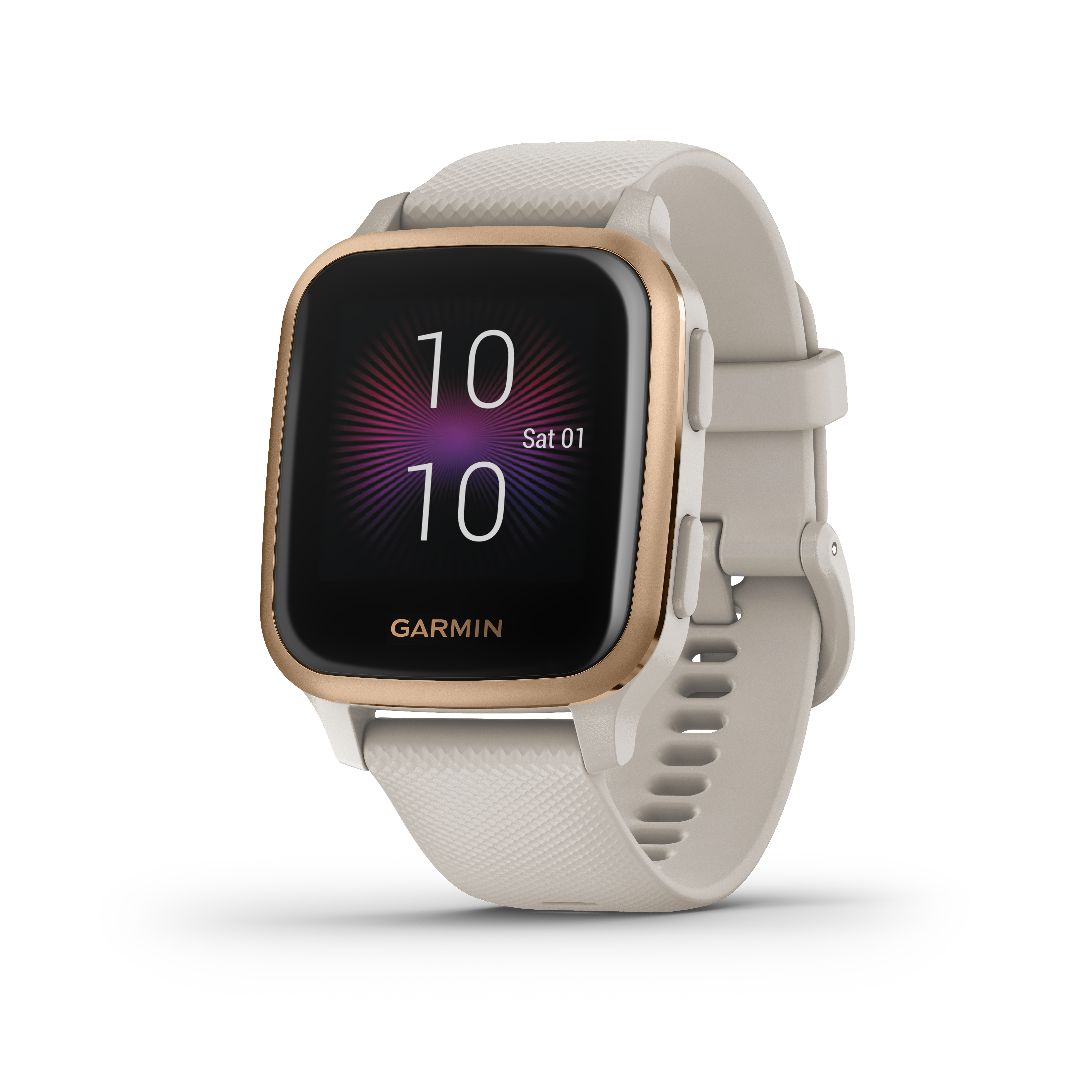 Eine Garmin-Smartwatch mit cremefarbenem Armband und goldfarbenem Rahmen. Zeigt Uhrzeit und Datum an.