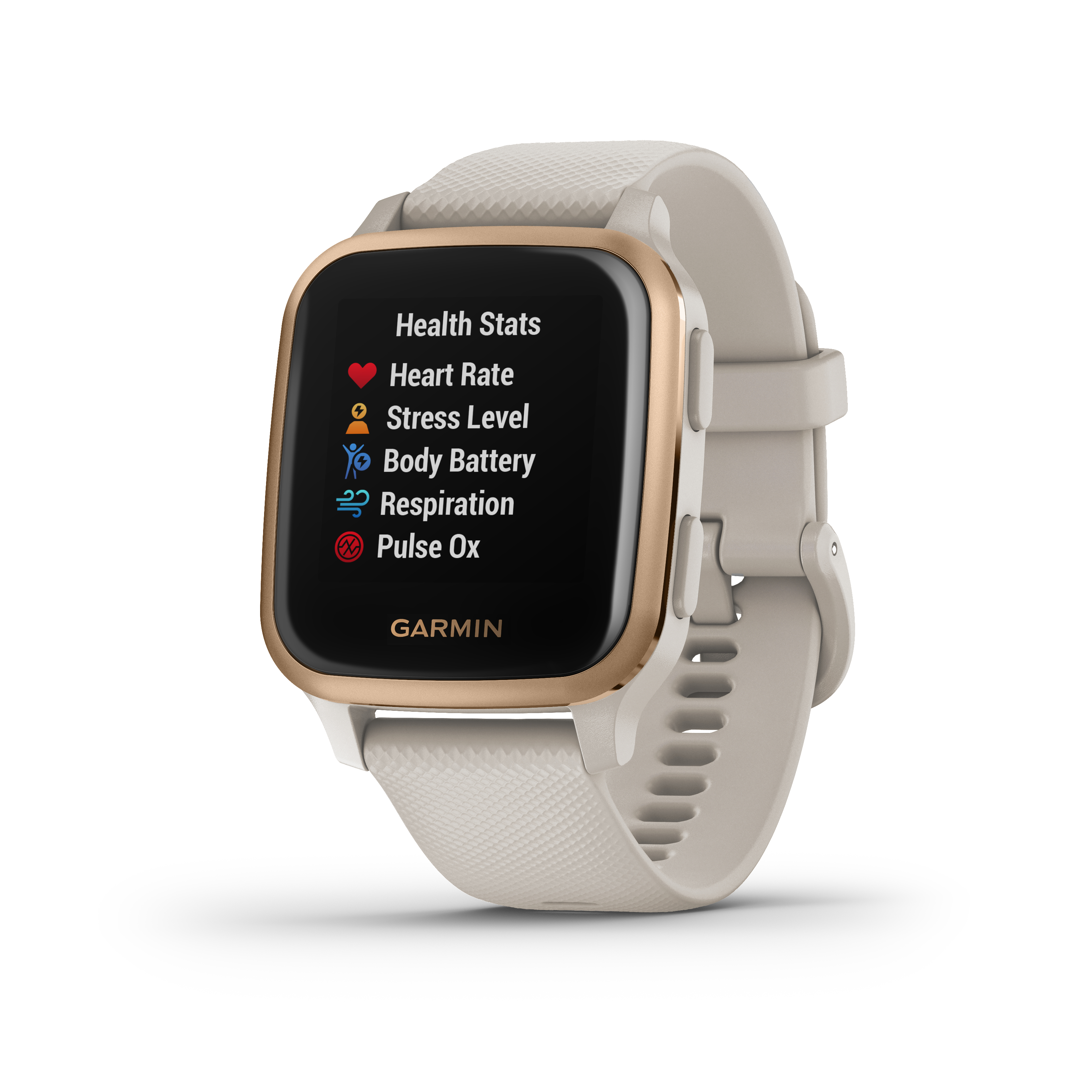 Eine weiße Garmin-Smartwatch mit goldener Lünette, die Gesundheitsdaten anzeigt. Beiges Armband und weißer Hintergrund.