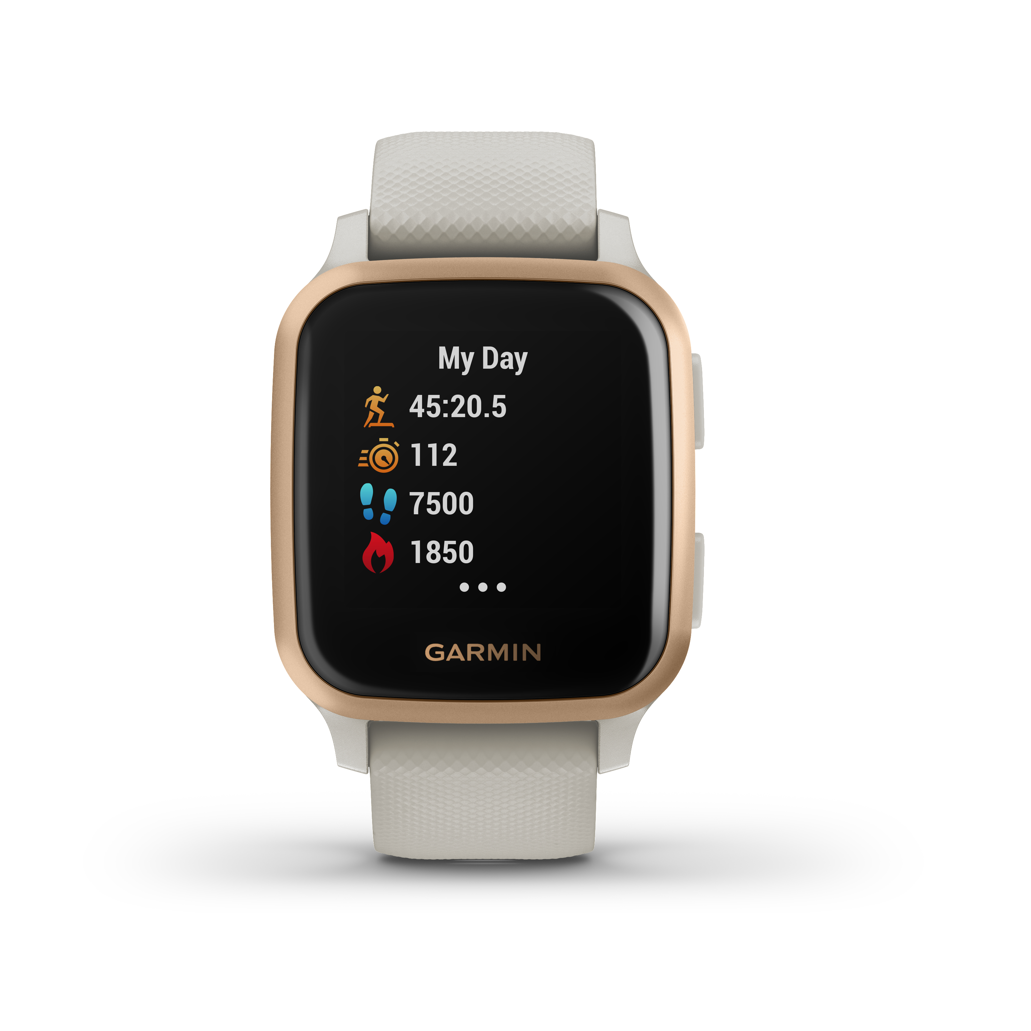 Garmin-Smartwatch mit Aktivitätsmetriken. Goldene Lünette, weißes Armband. Zeigt Laufzeit, Schritte, Kalorien und Herzfrequenz.