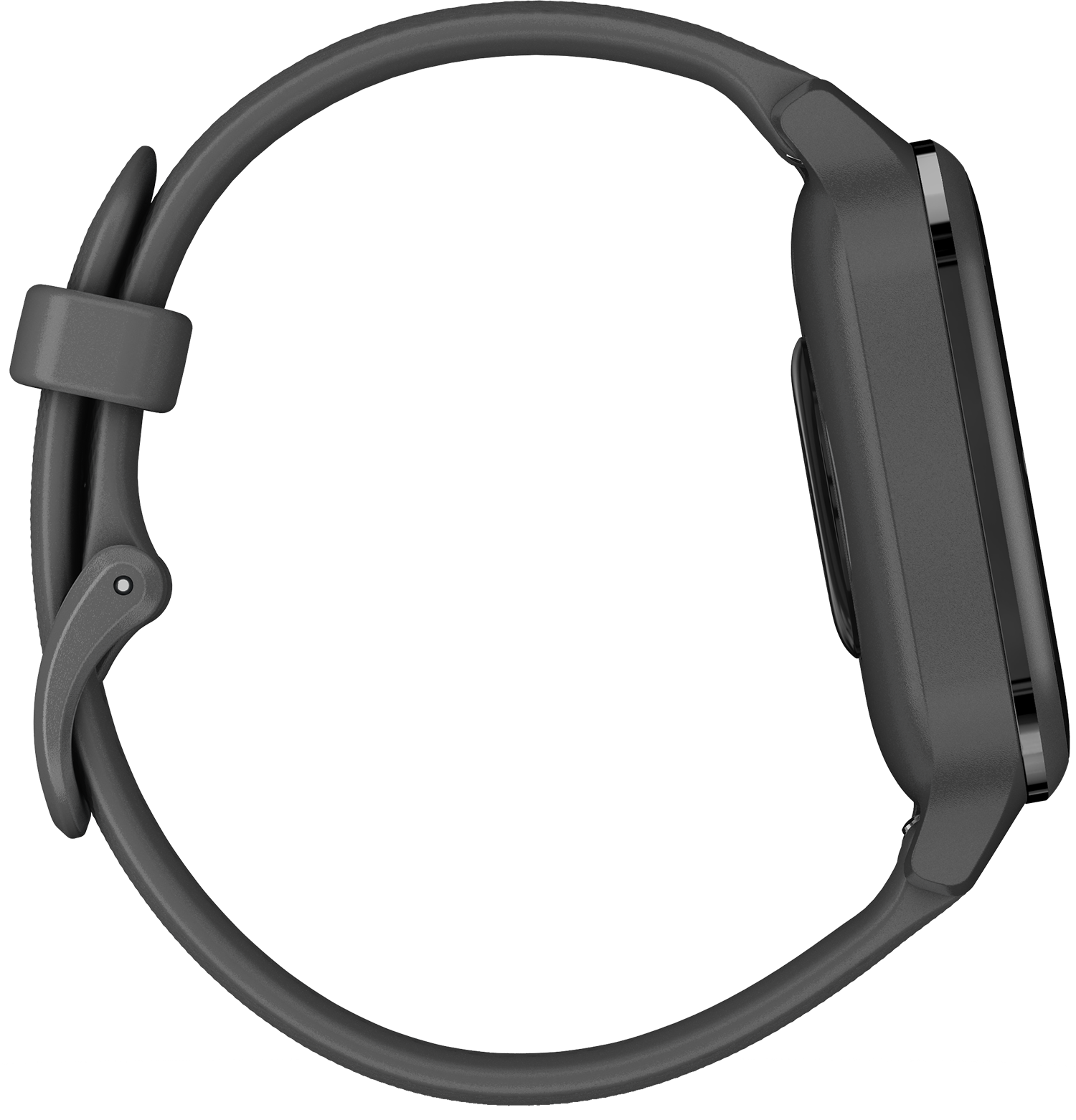Een zijaanzicht van een grijze Garmin smartwatch met een grijze band. Witte achtergrond.