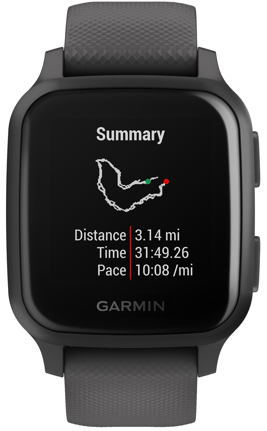 Een donkergrijze smartwatch met een zwart scherm dat de route van een hardlooptocht weergeeft.