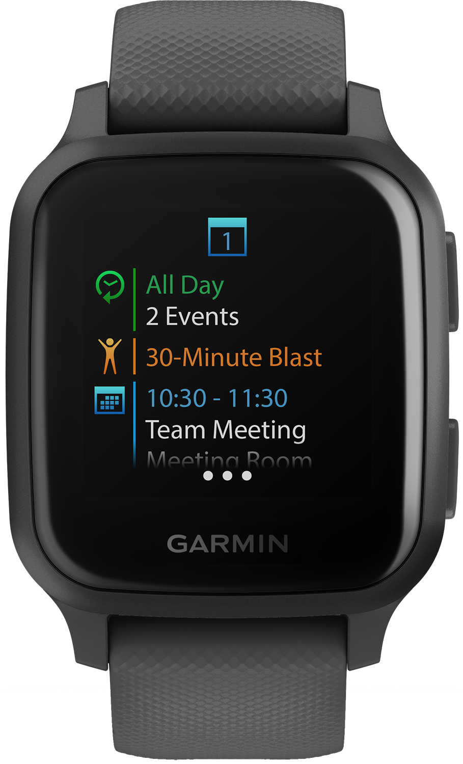 Garmin smartwatch met een kalender met evenementen, waaronder een workout van 30 minuten en een vergadering.