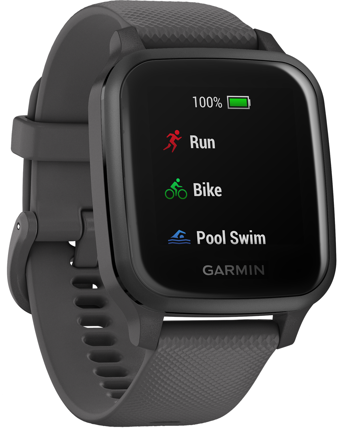 Een zwarte Garmin smartwatch met een scherm dat hardloop-, fiets- en zwemiconen toont.