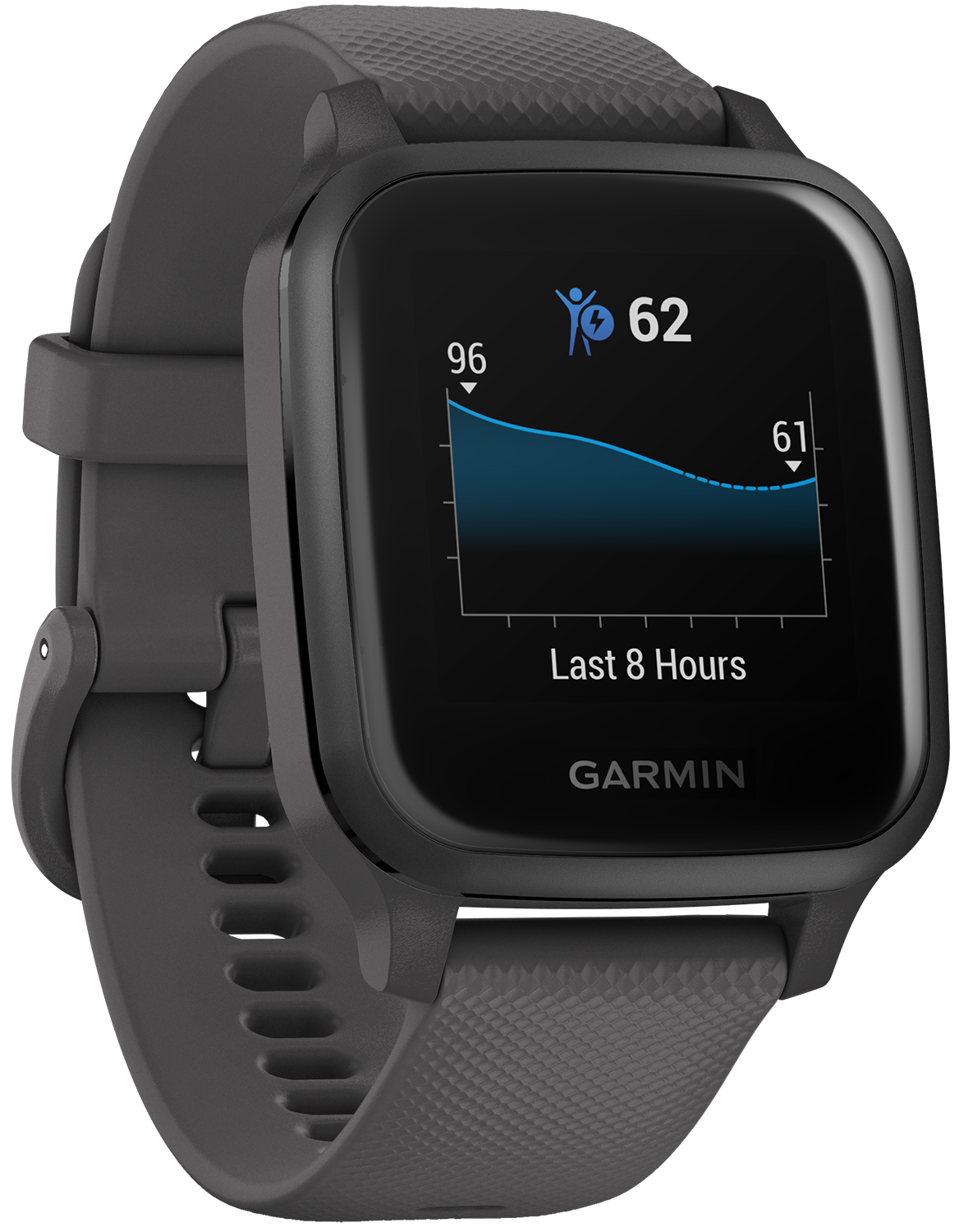 Garmin smartwatch met een zwarte band. Zwart display toont een grafiek en een persoon-icoon met het nummer 62.