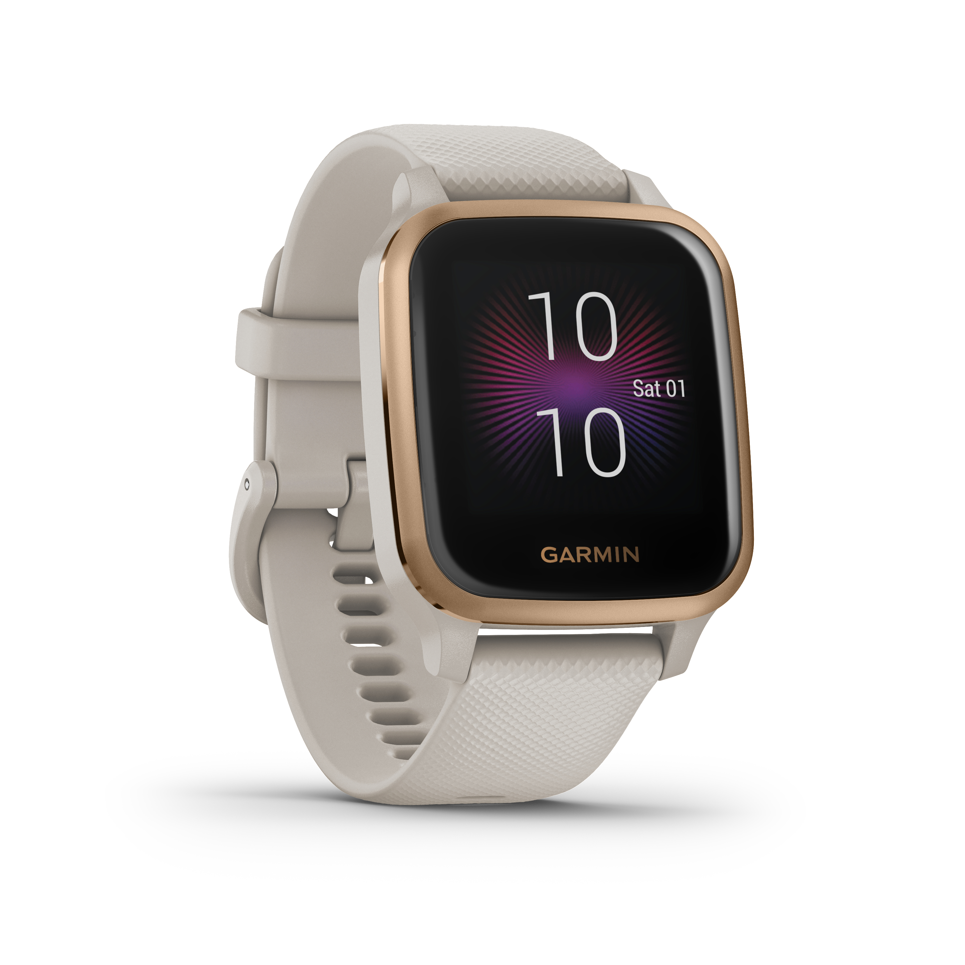 Garmin-Smartwatch, Datumsanzeige. Goldene Lünette, weißes Armband. Zeigt Uhrzeit und Datum: 10:10, Sa 01.