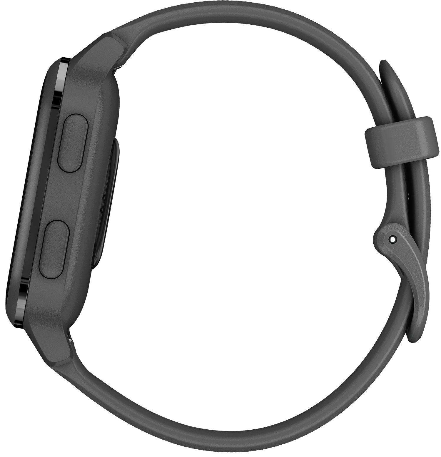 Grijze smartwatch met een afgerond vierkant scherm. Een bandje is bevestigd. Twee knoppen aan de zijkant.