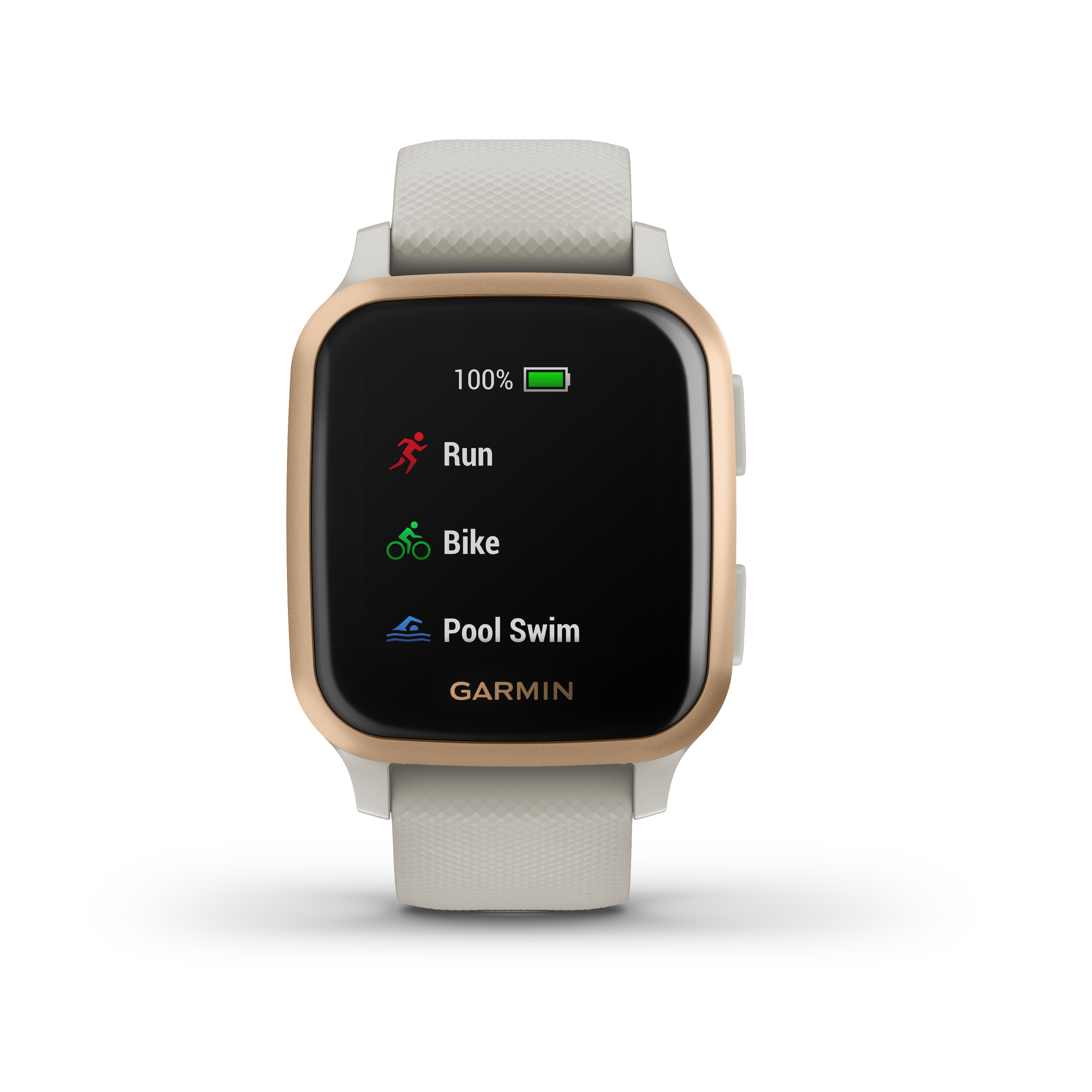 Smartwatch mit Lauf-, Fahrrad- und Schwimm-Symbolen auf dem Bildschirm.