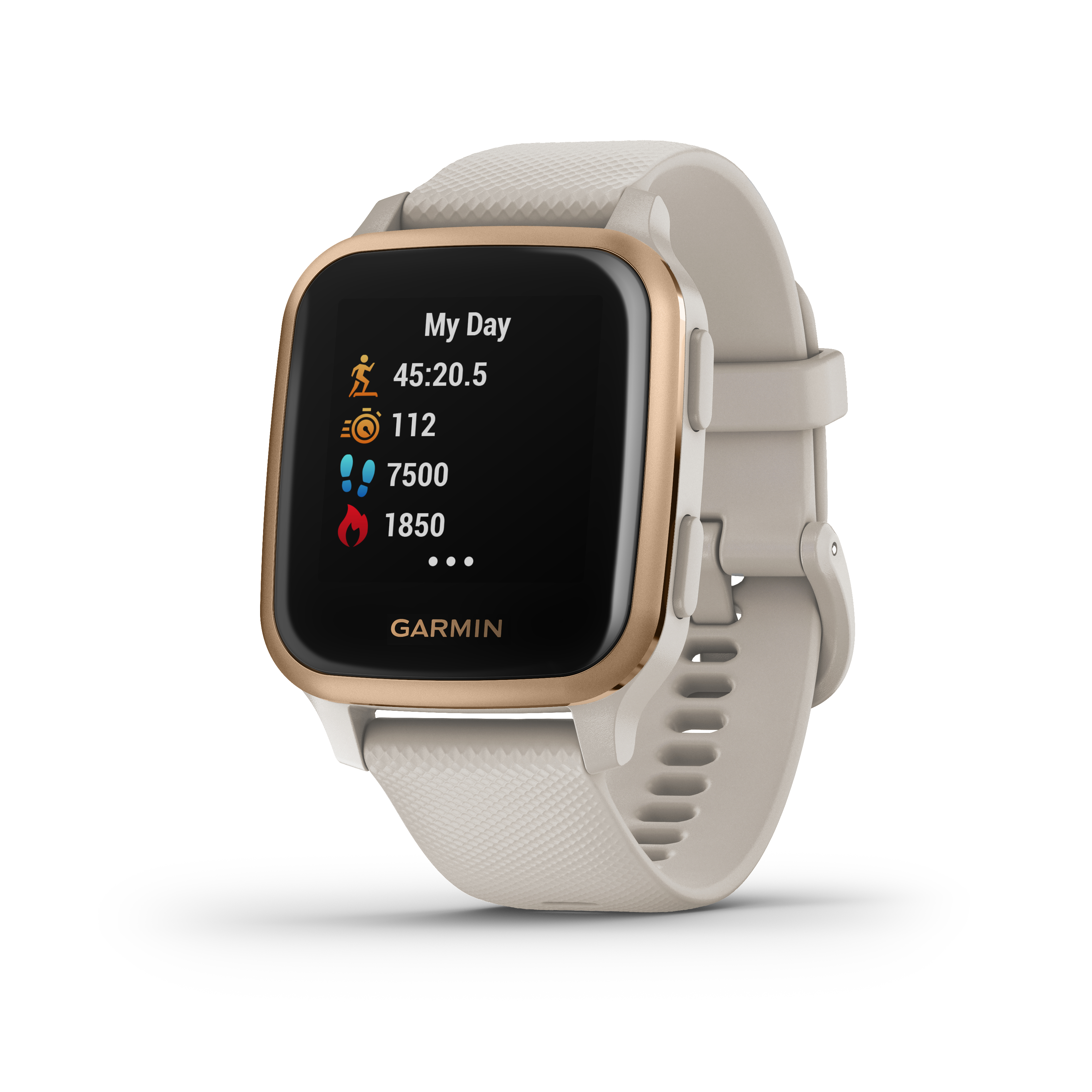 Eine Garmin Smartwatch mit goldener Lünette, die Fitnessdaten anzeigt.