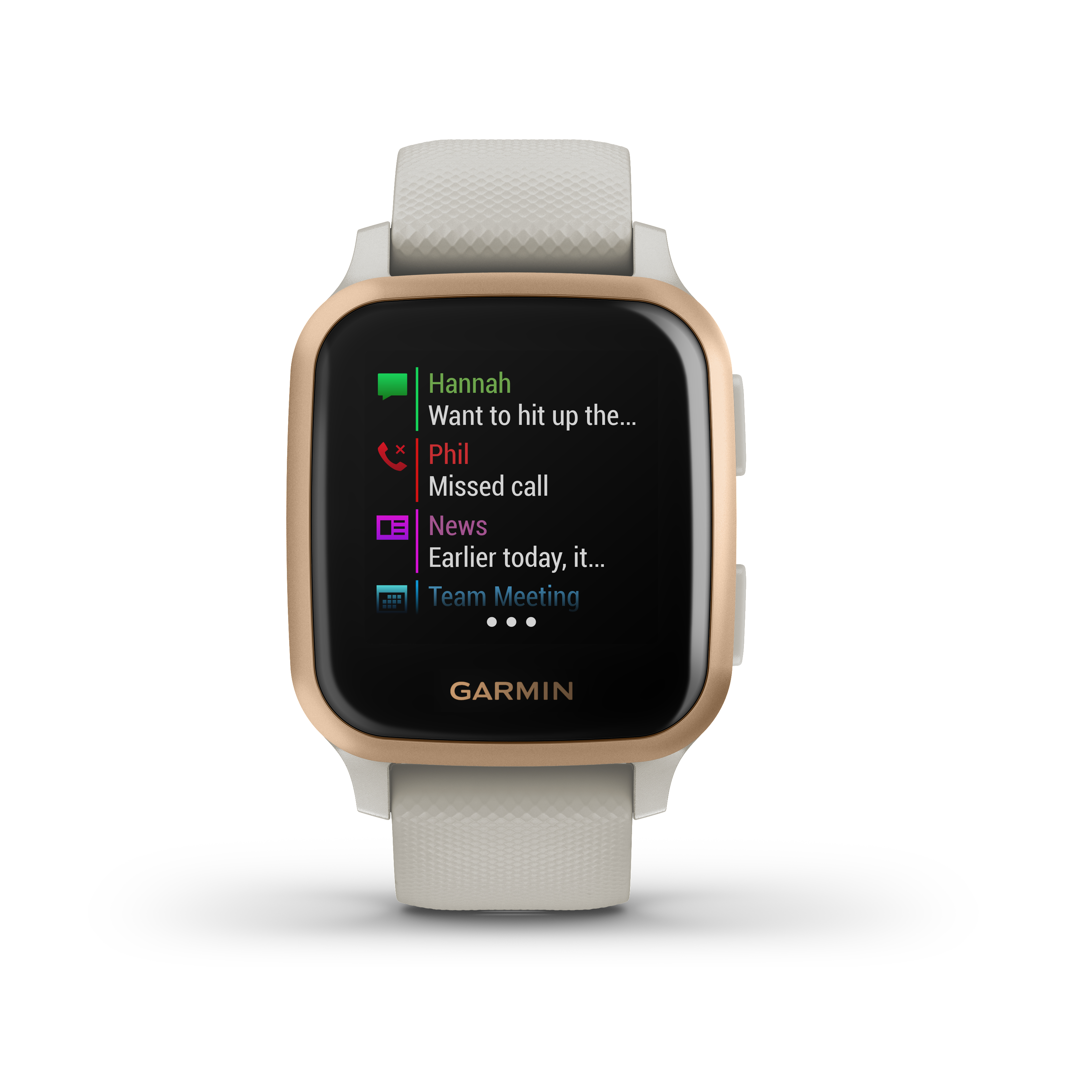 Smartwatch zeigt eine Nachrichtenliste auf weißem Hintergrund.