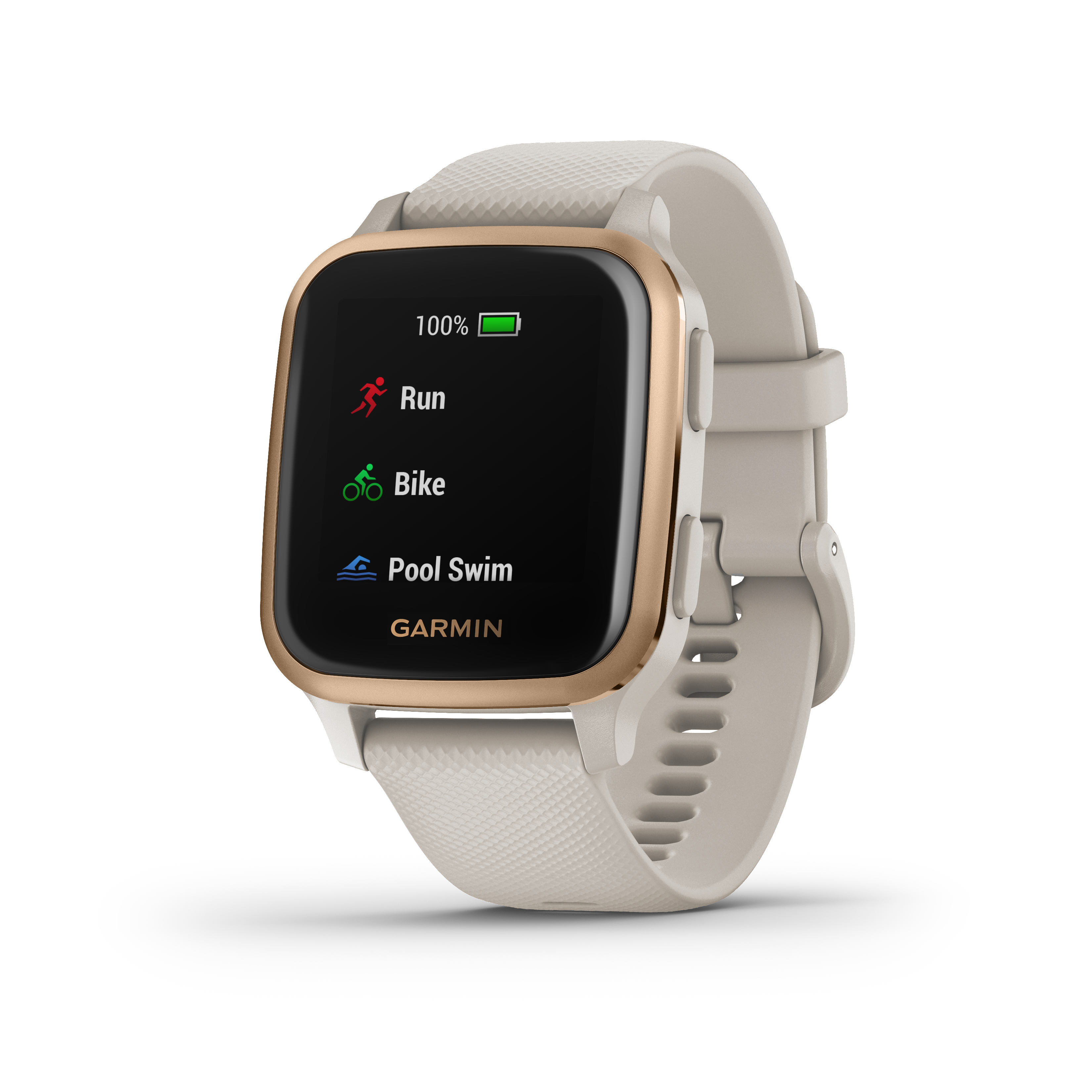 Garmin Smartwatch mit goldenem Rahmen und weißem Armband, auf weißem Hintergrund.